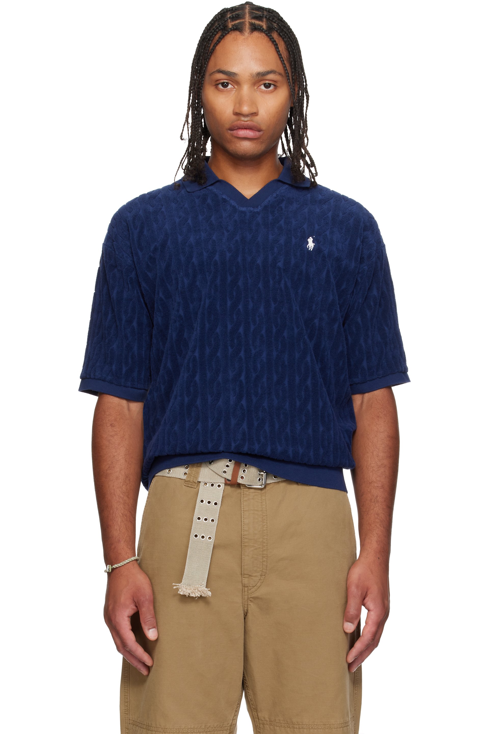 Polo Ralph Lauren - Polo bleu marine en tissu éponge à motif de tricot câblé