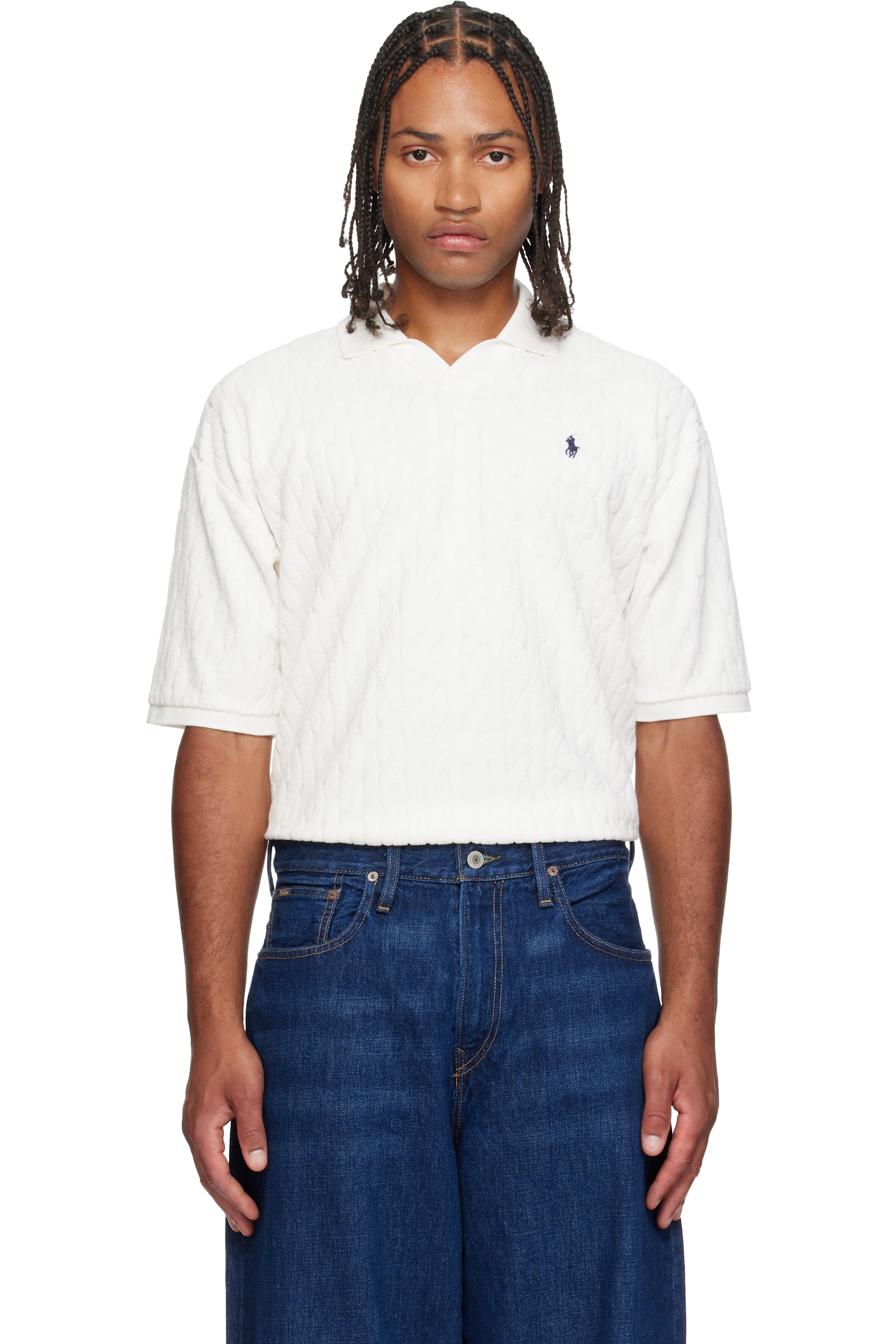 Polo Ralph Lauren - Polo blanc cassé en tissu éponge à motif de style tricot câblé