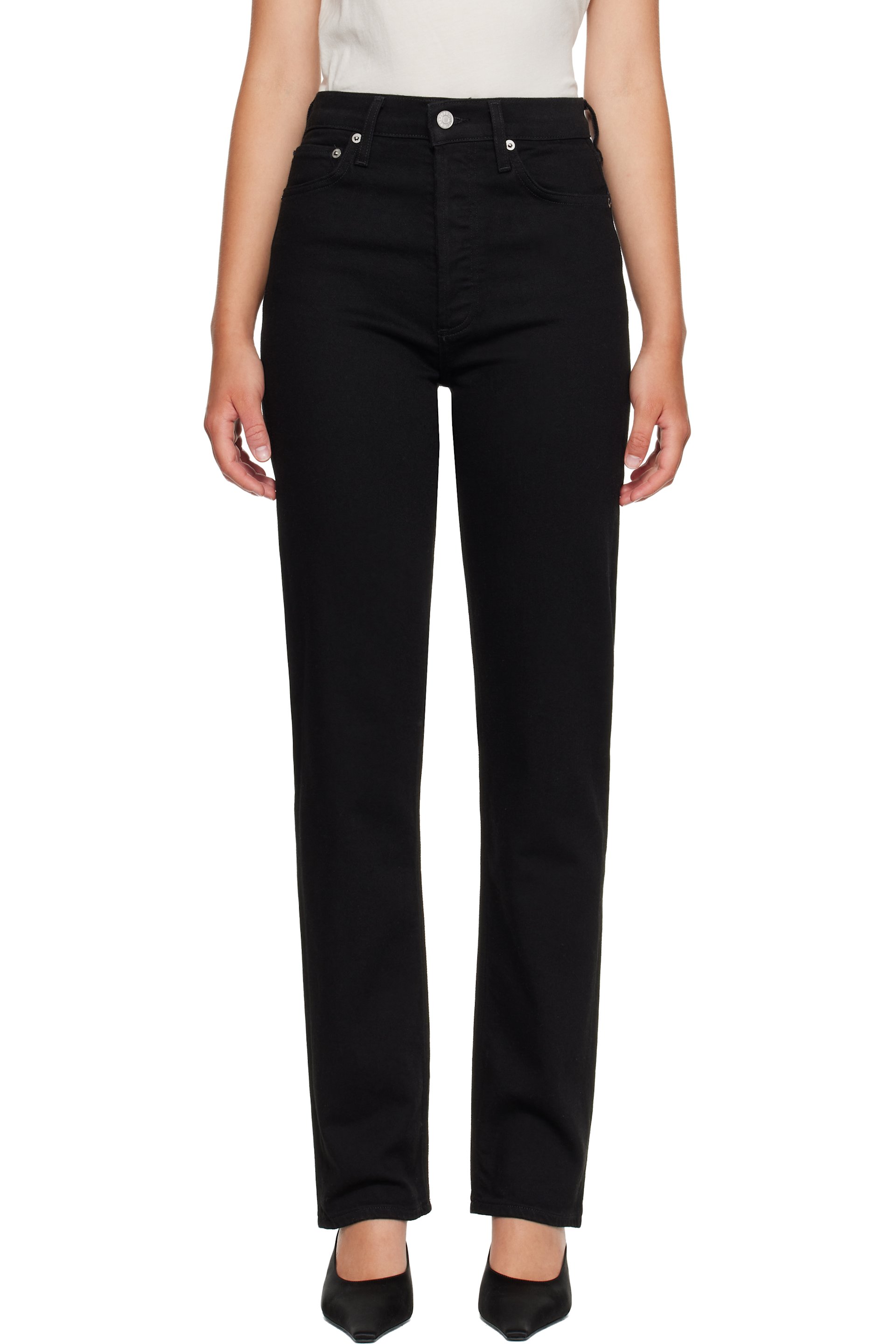 AGOLDE - Black 90's Pinch Waist High Rise Straight Long Jeans
