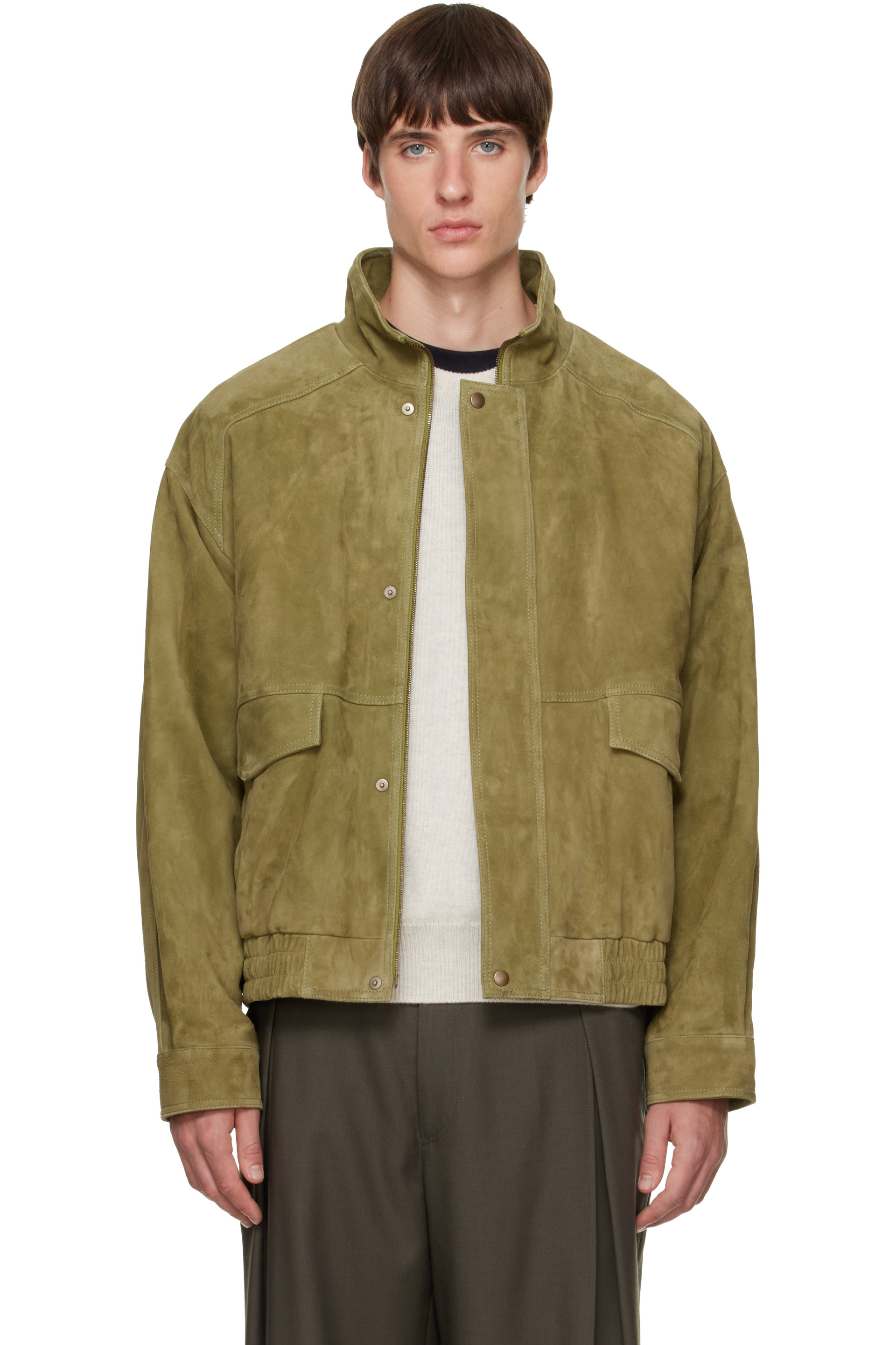 Solid Homme - Green Band-Neck Suede Jacket