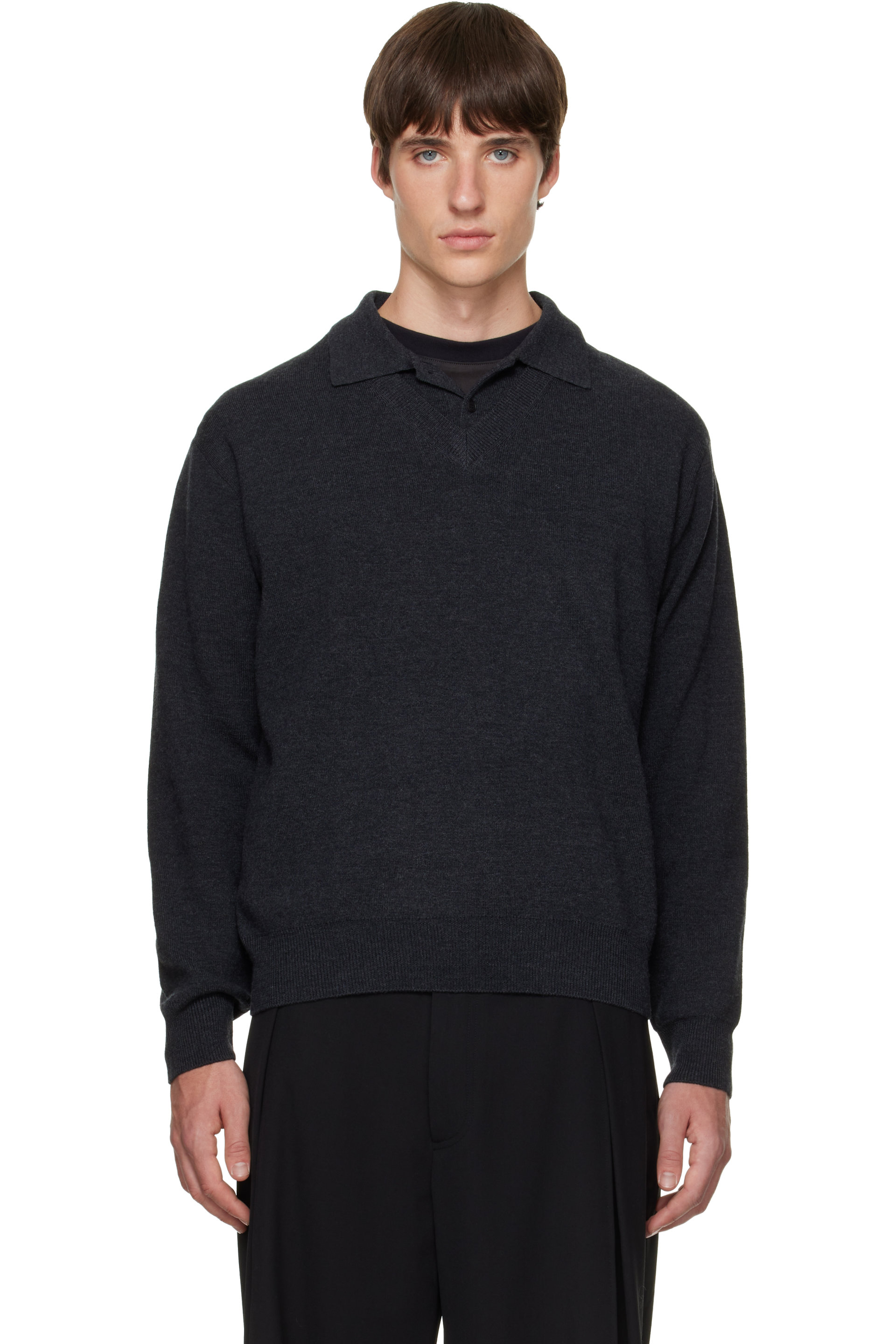 Solid Homme - Polo gris en laine à col classique