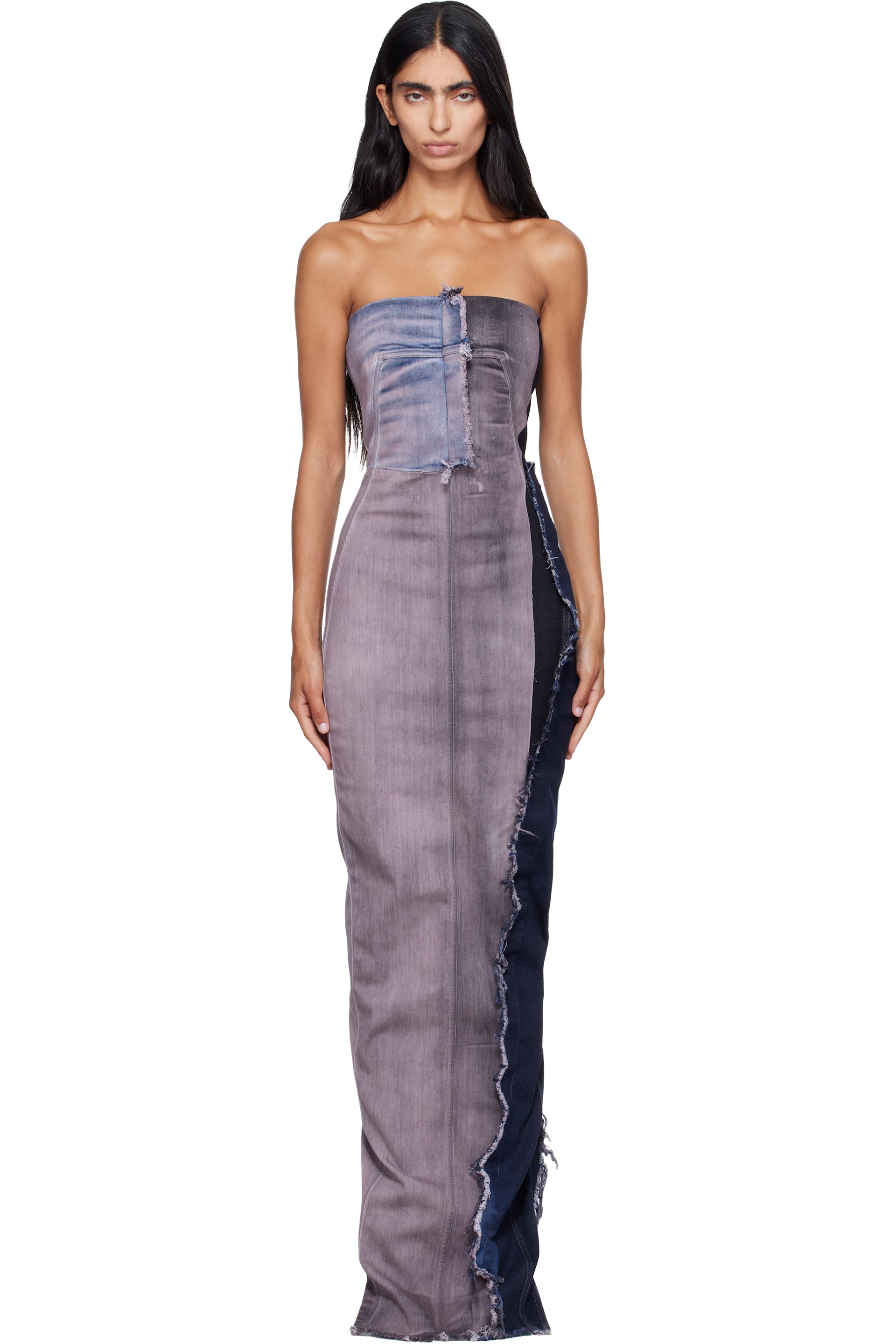 Rick Owens - Pink & Navy Tower Bustier Denim Maxi Dress