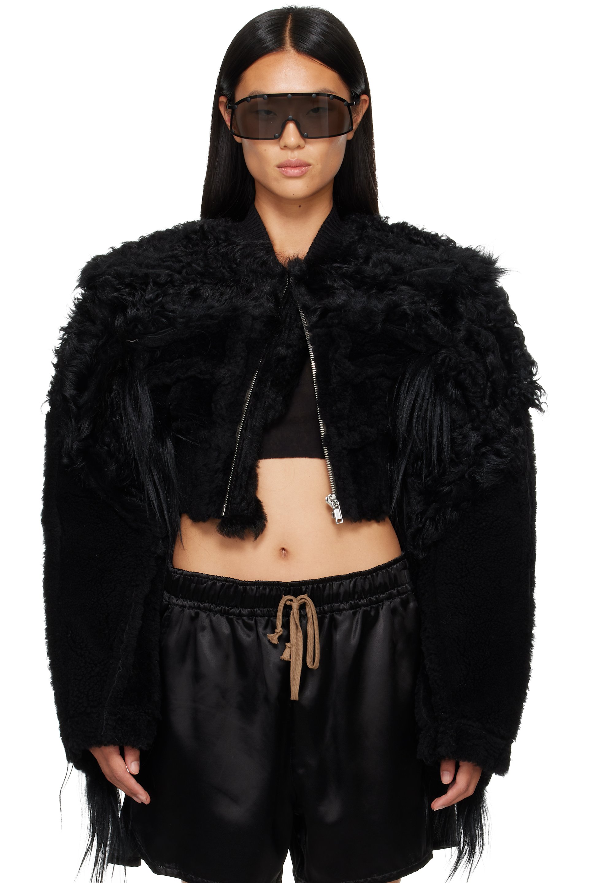 Rick Owens - Black Tower Collage Cropped Shearling Bomber Jacket