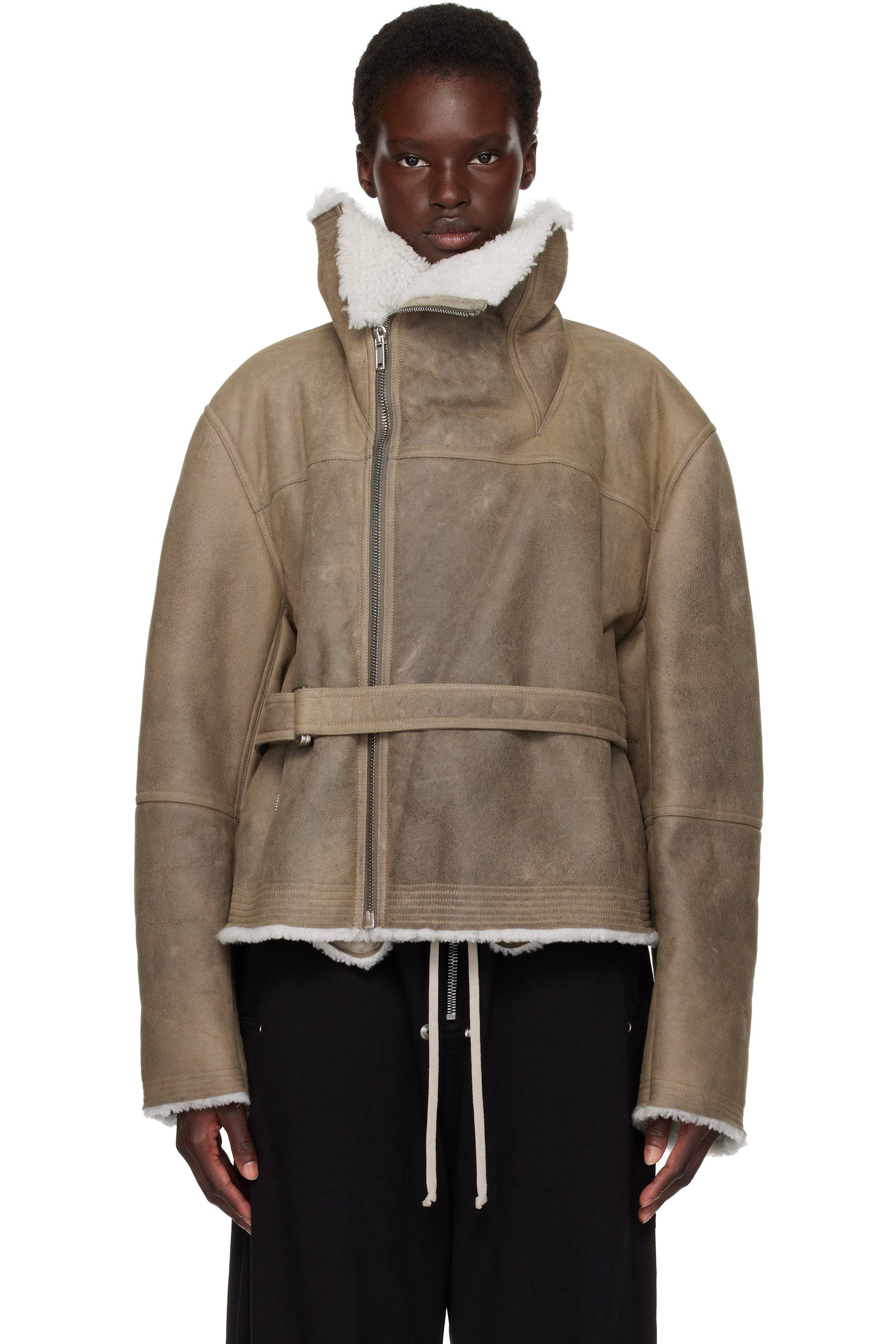 Rick Owens - Gray Tower Shearling Cropped Flight Jacket