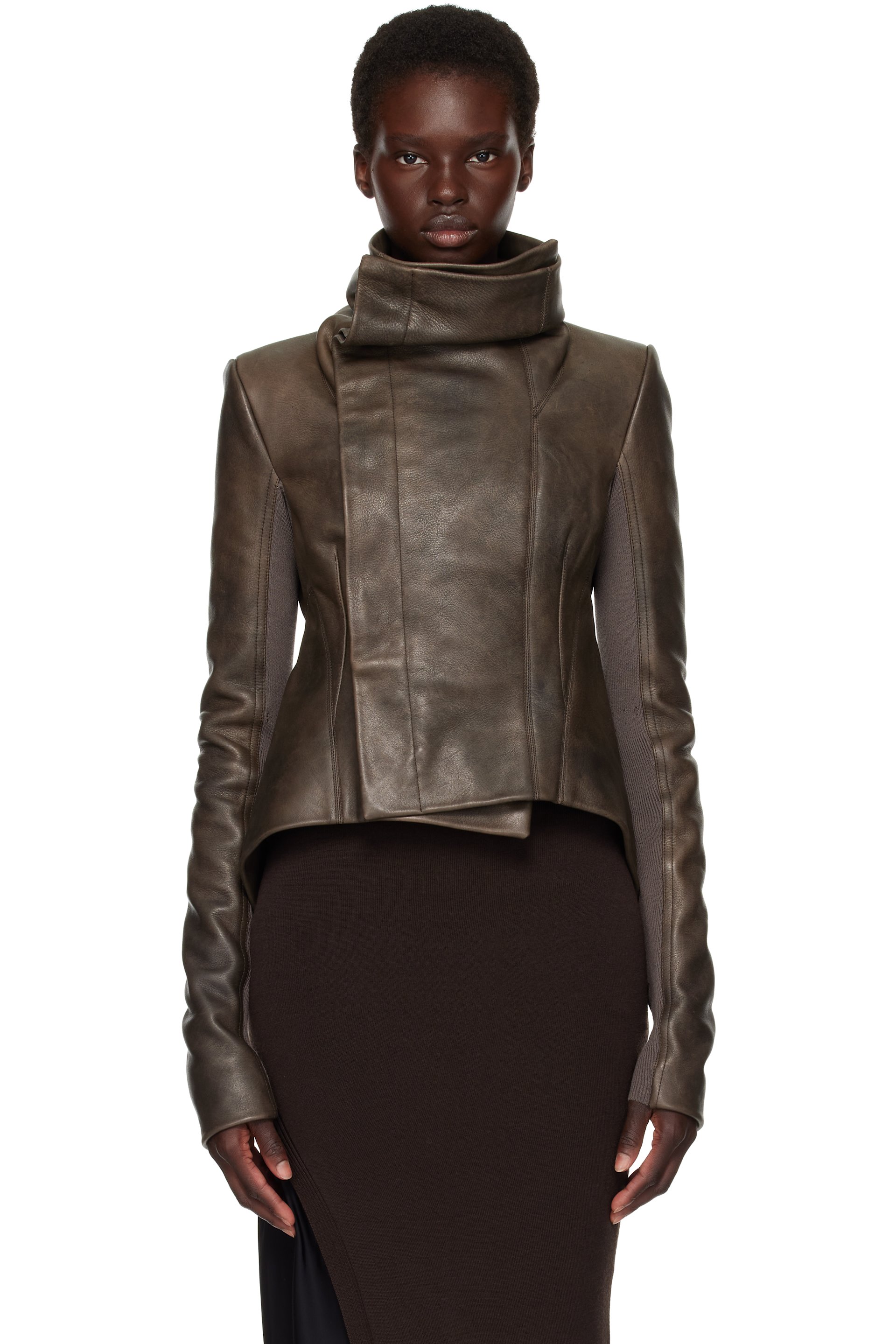 Rick Owens - Brown Tower Buttoned Naska Leather Jacket