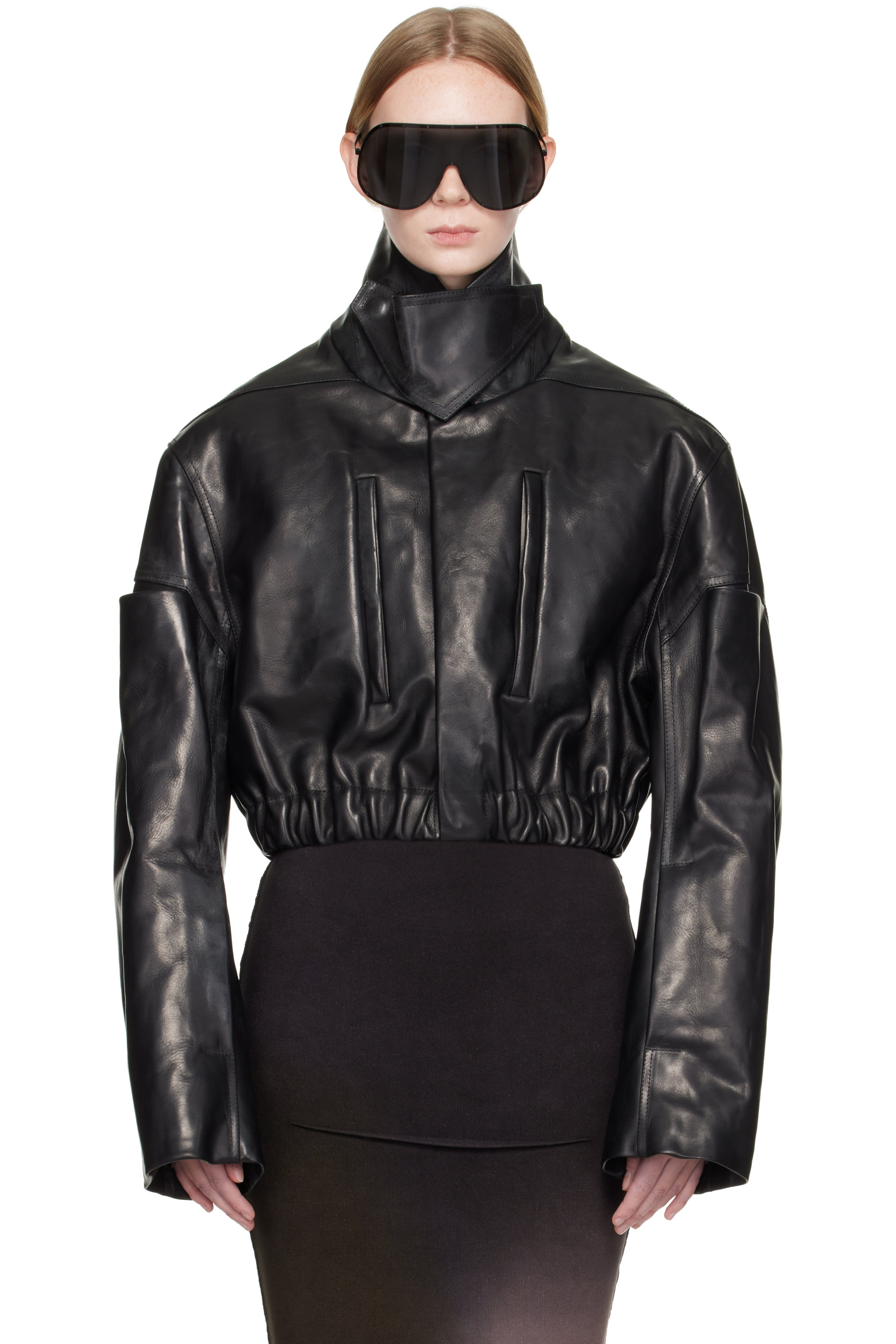 Rick Owens - Black Tower Collared Mac Leather Bomber Jacket