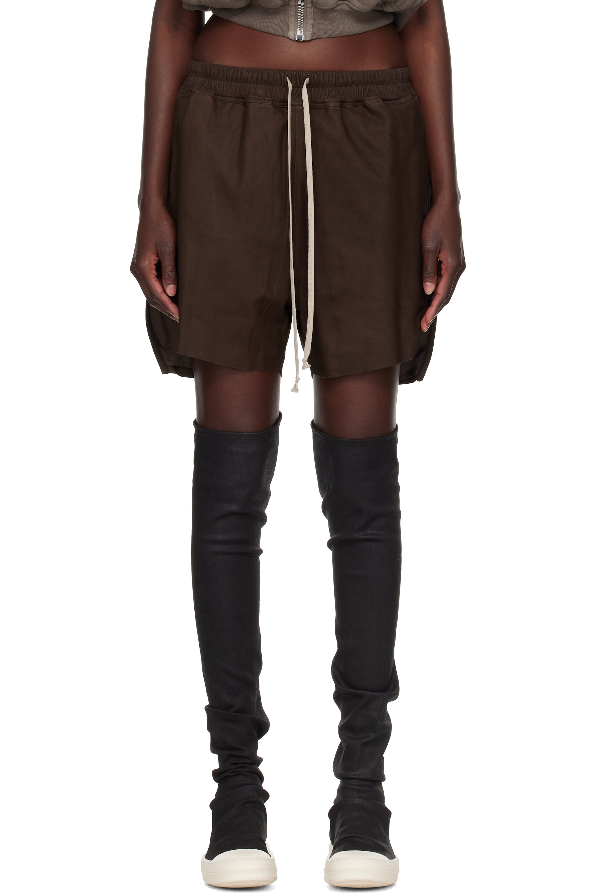Rick Owens - Brown Tower Boxers Leather Shorts
