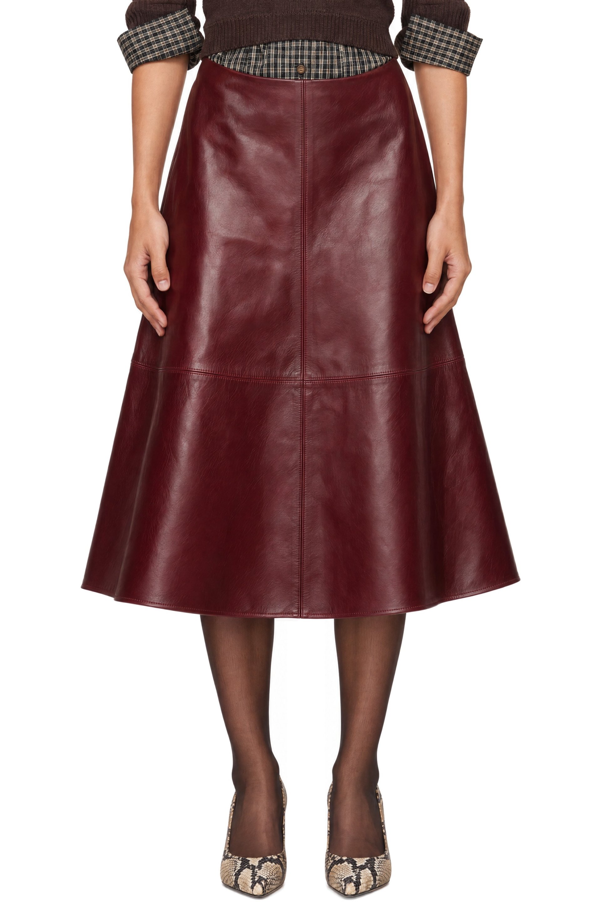 WILLY CHAVARRIA - Burgundy Leather Lorretta Midi Skirt