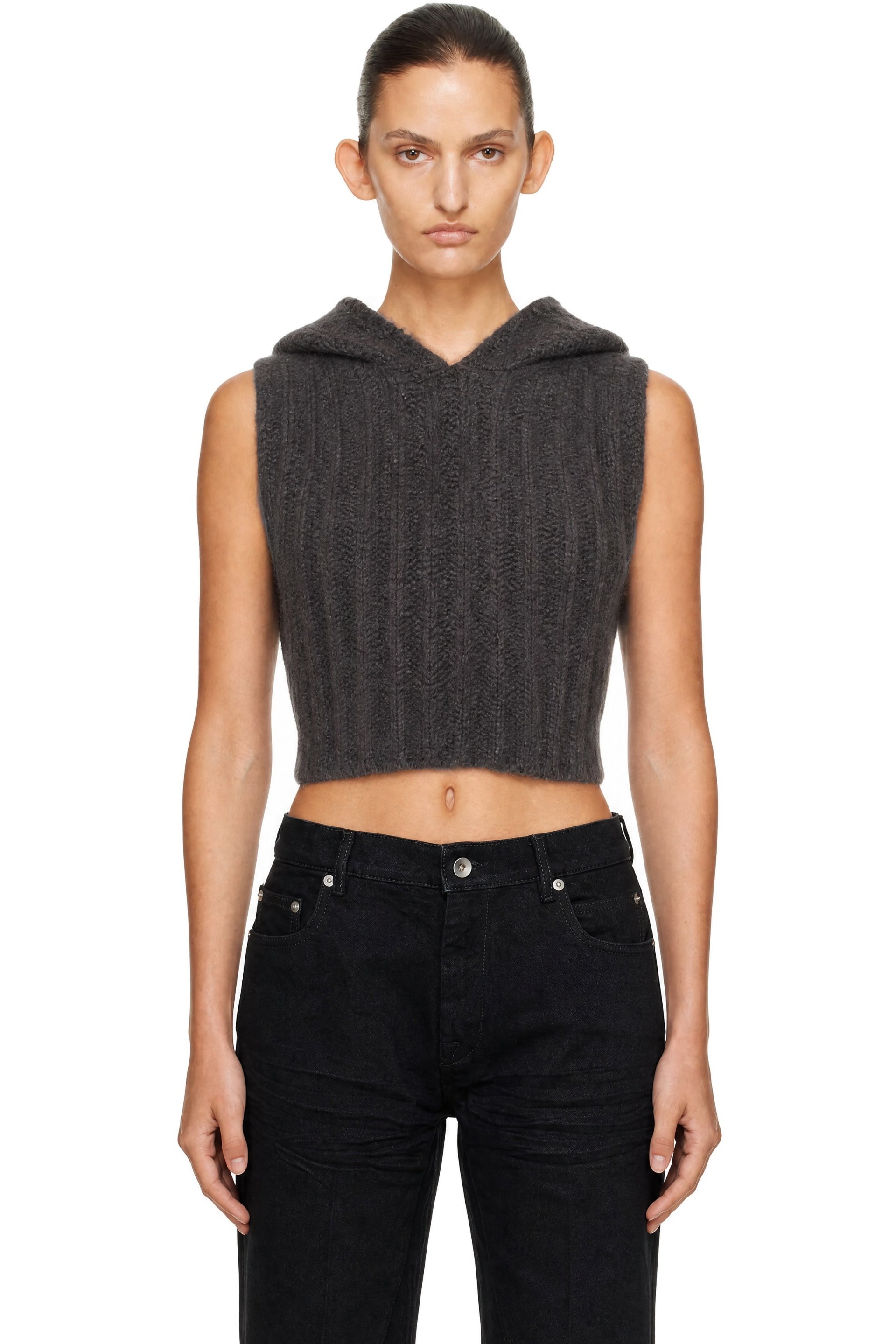 Rick Owens - Pull à capuche écourté sans manches gris - Tower
