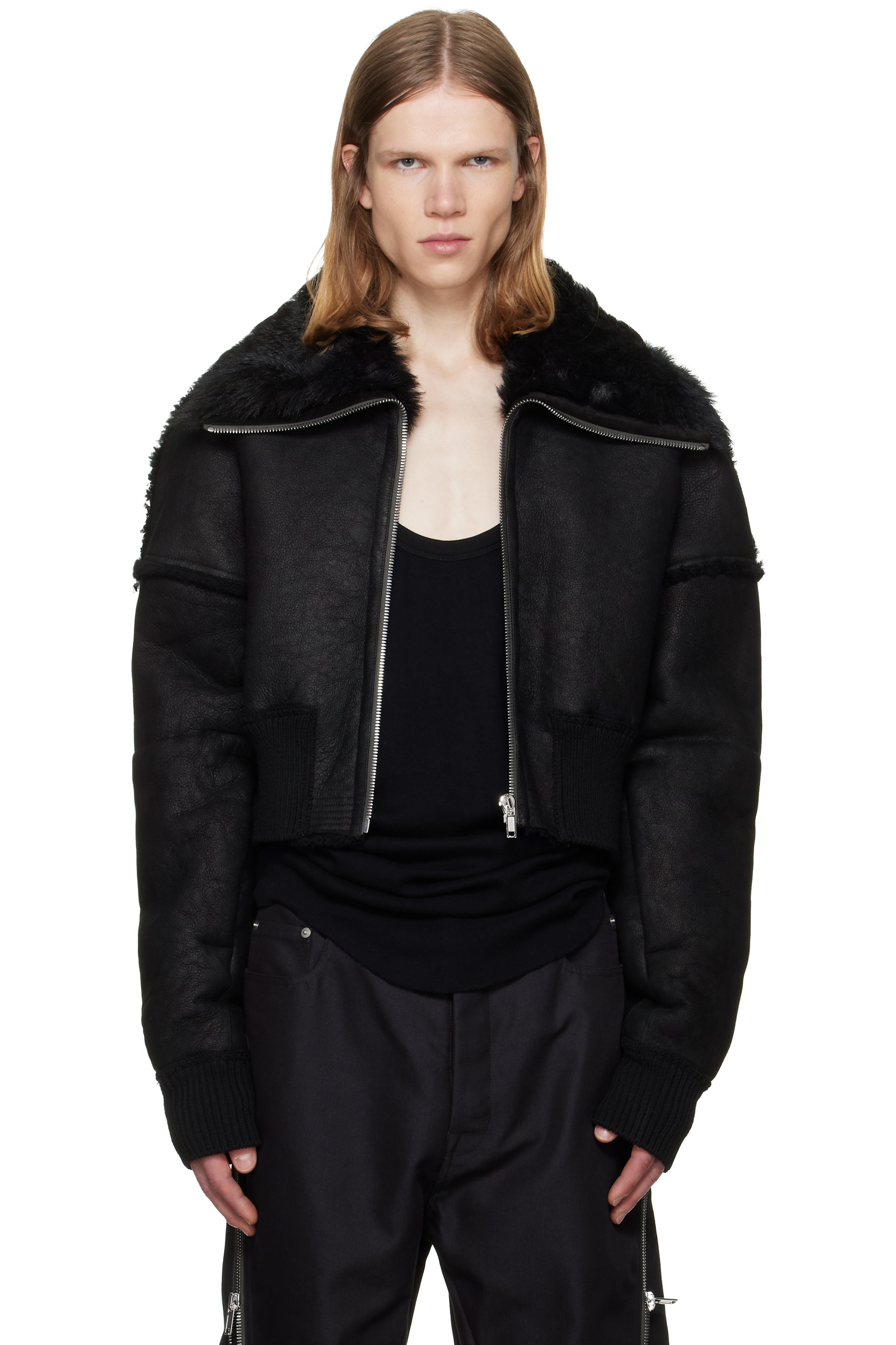 Rick Owens - Black Tower Flight Cropped Leather Jacket