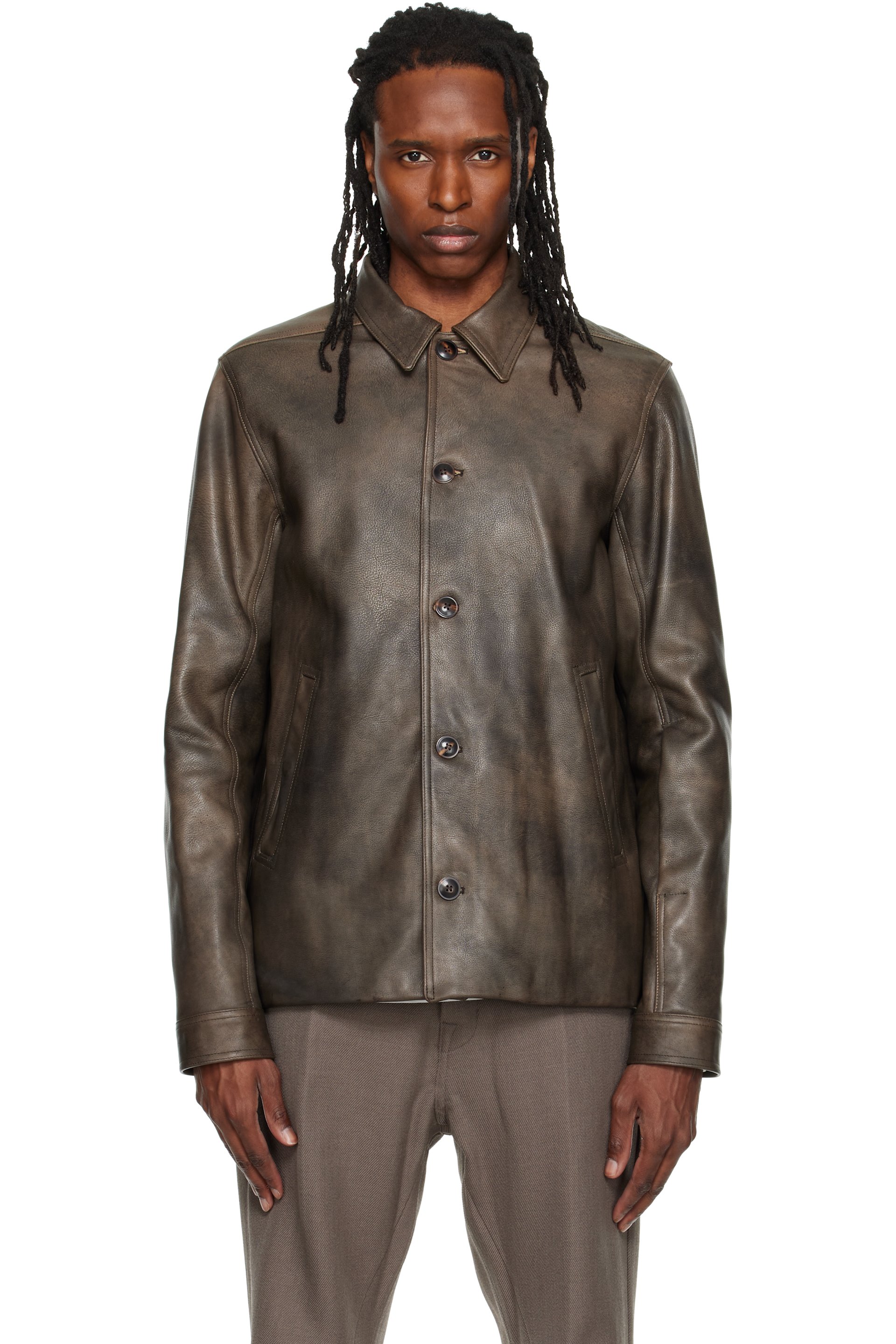 Rick Owens - Brown Buttoned Brad Leather Jacket