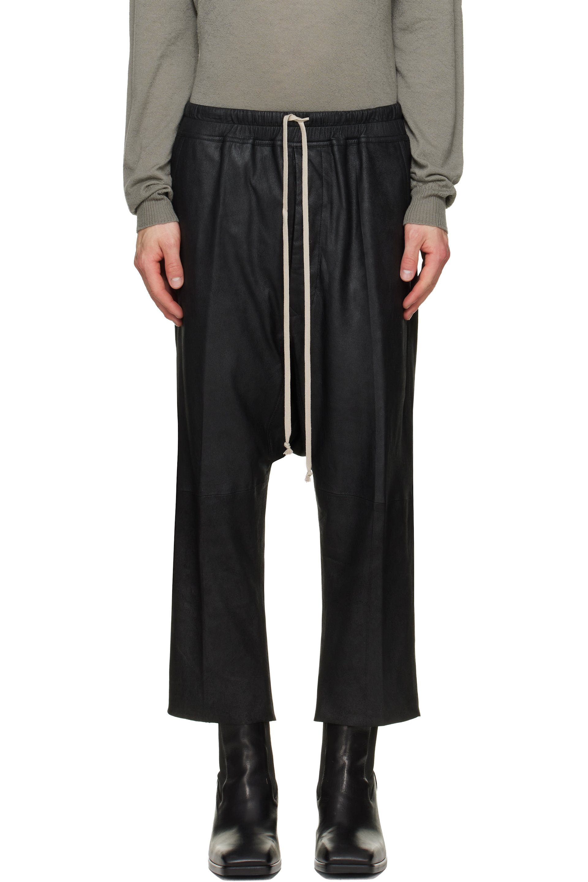 Rick Owens - Black Tower Drawstring Cropped Leather Pants