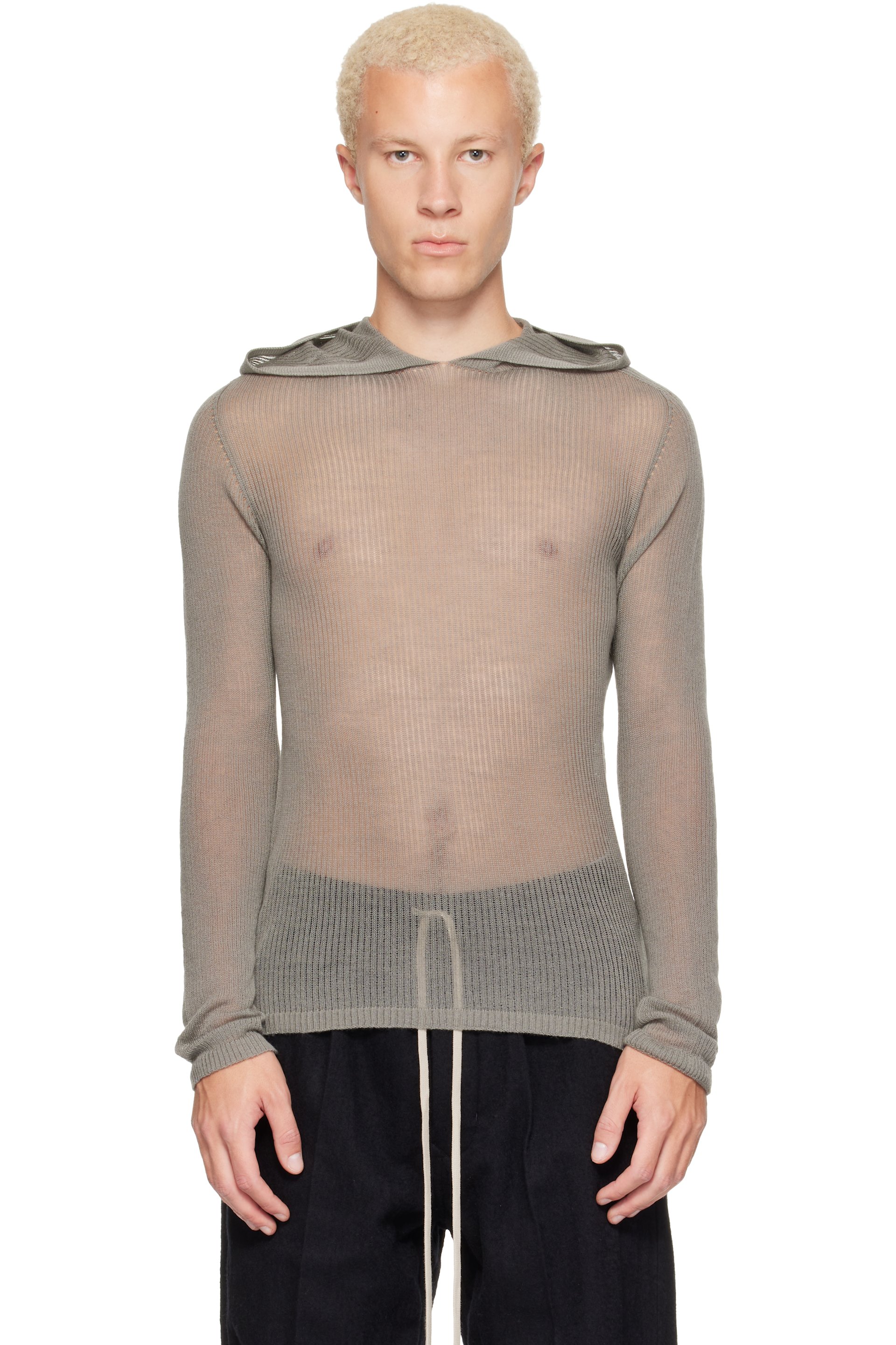Rick Owens - Pull à capuche gris en tricot transparent - Tower