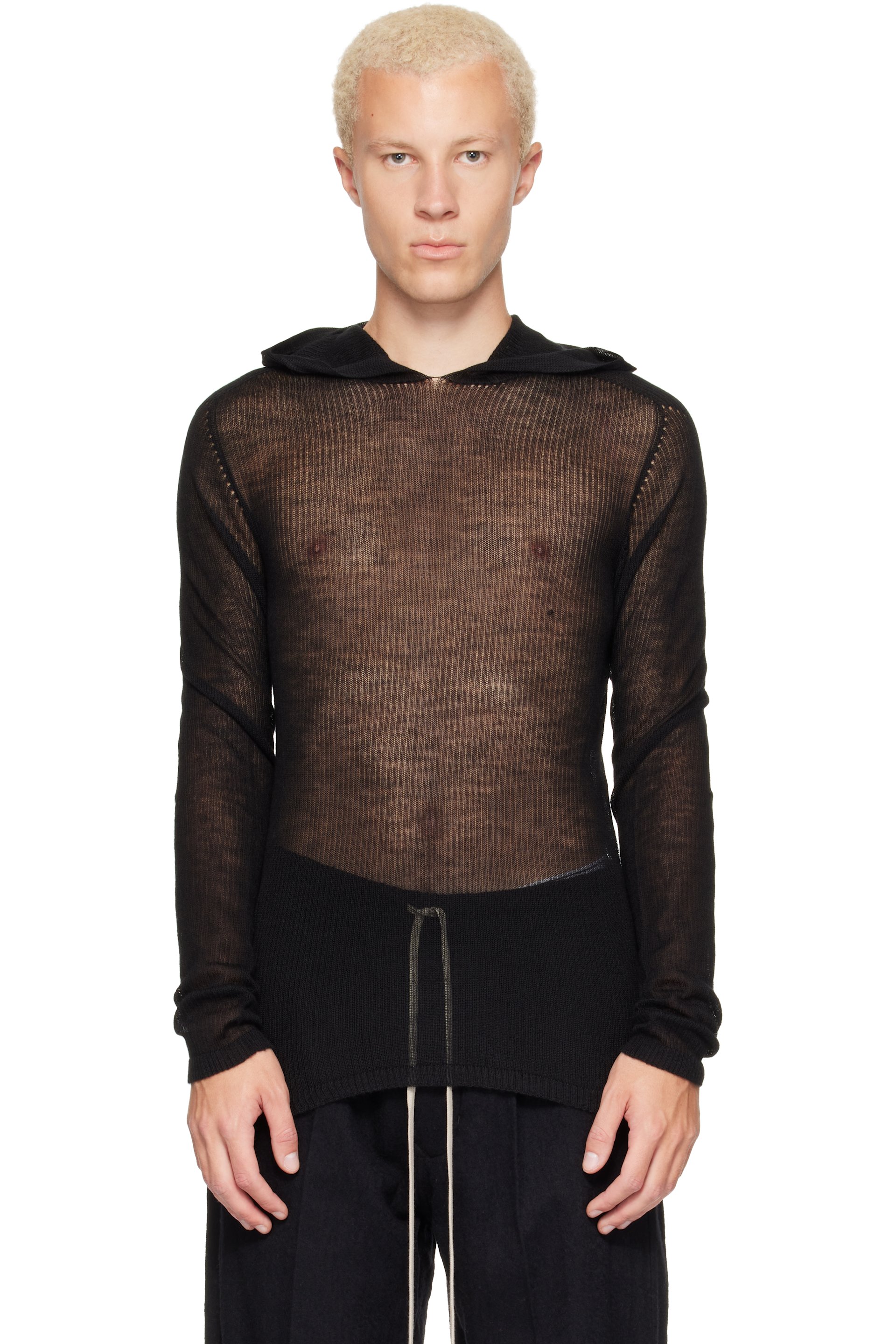 Rick Owens - Pull à capuche noir en tricot transparent - Tower
