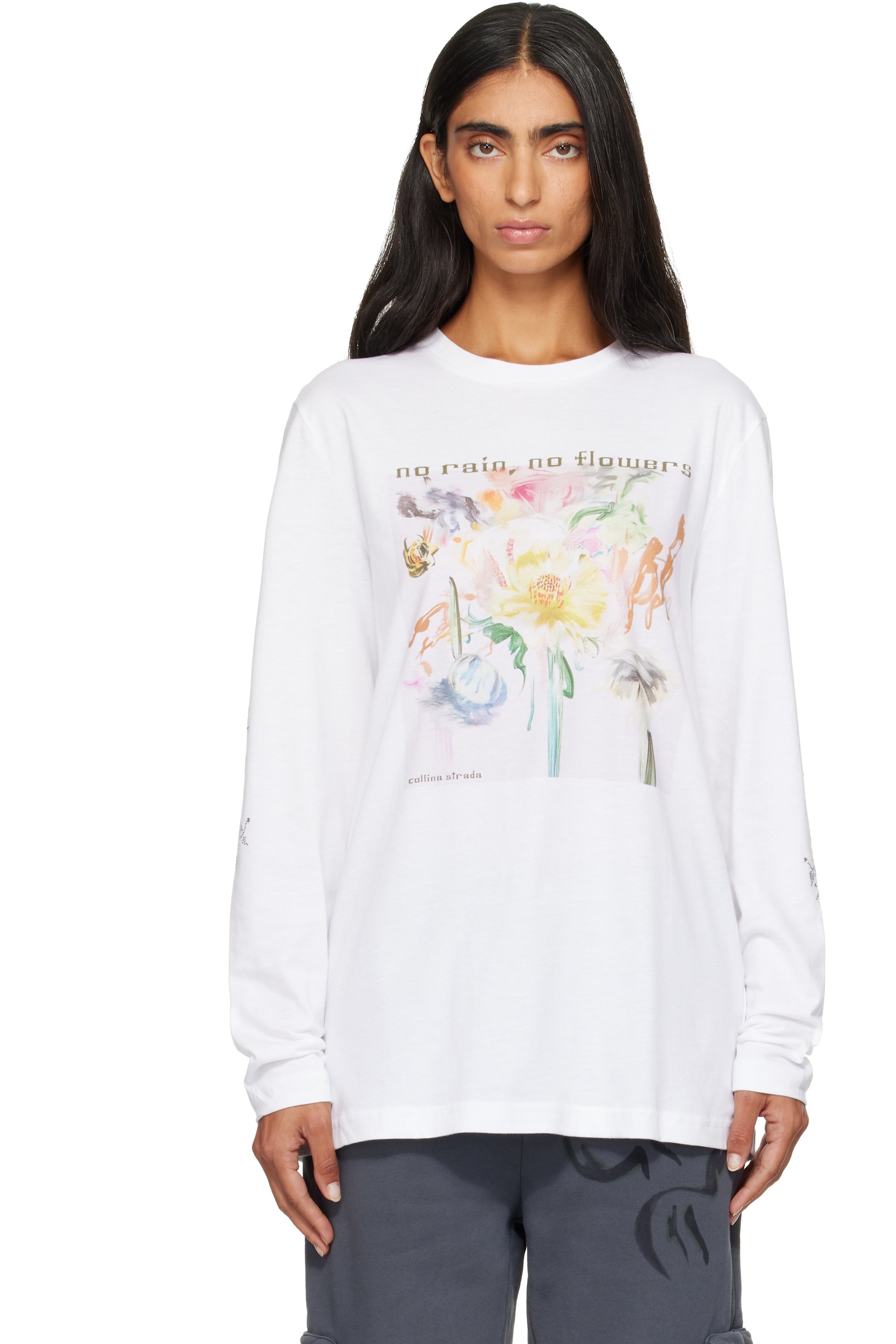Collina Strada - White 'No Rain, No Flowers' Rhinestone T-shirt
