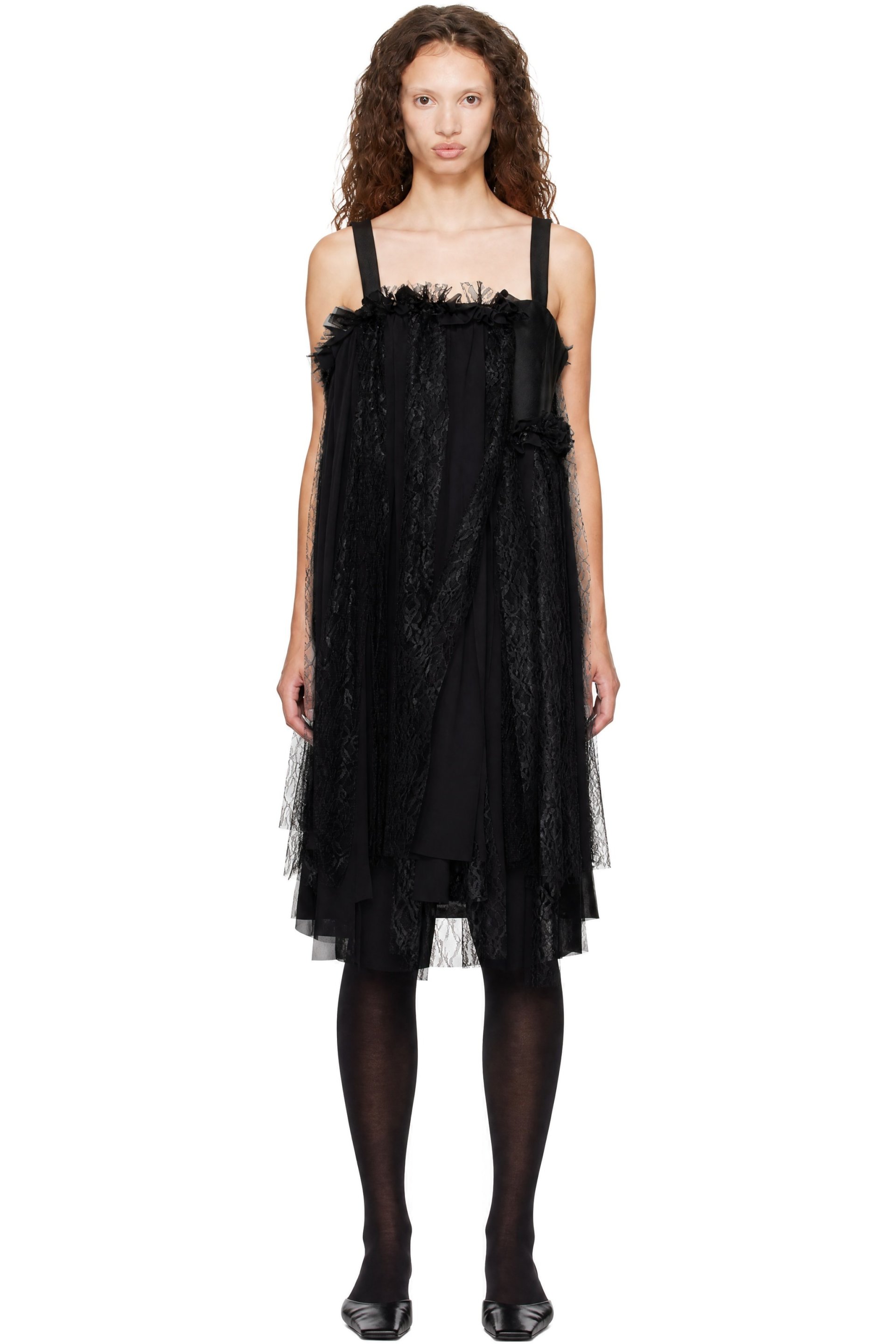 Comme des Garçons - Black Gabardine Medium X Georgette Midi Dress