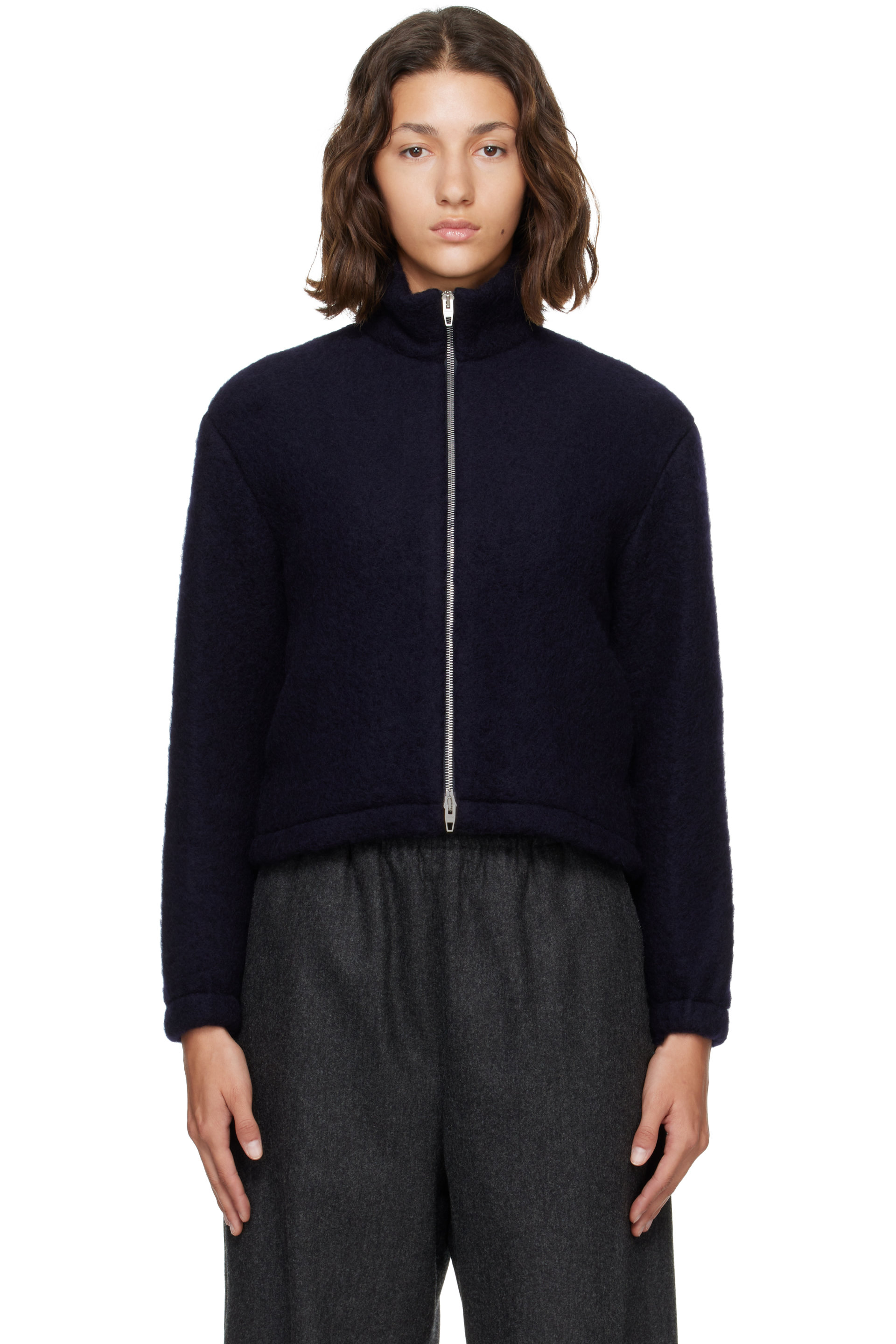 Jil Sander - Navy High Neck Zip-Up Cropped Jacket