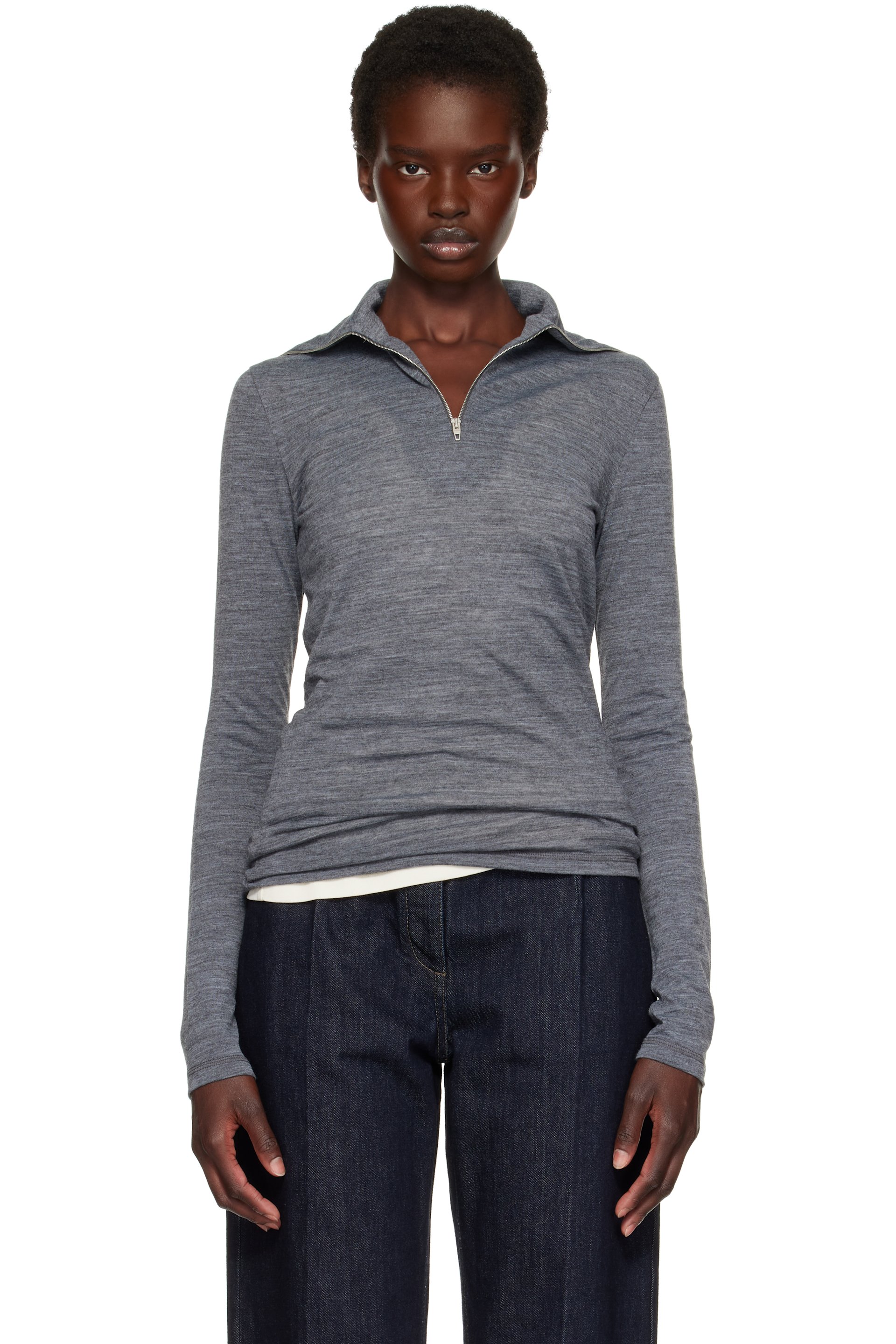Jil Sander - Gray Wool Half Zip Polo