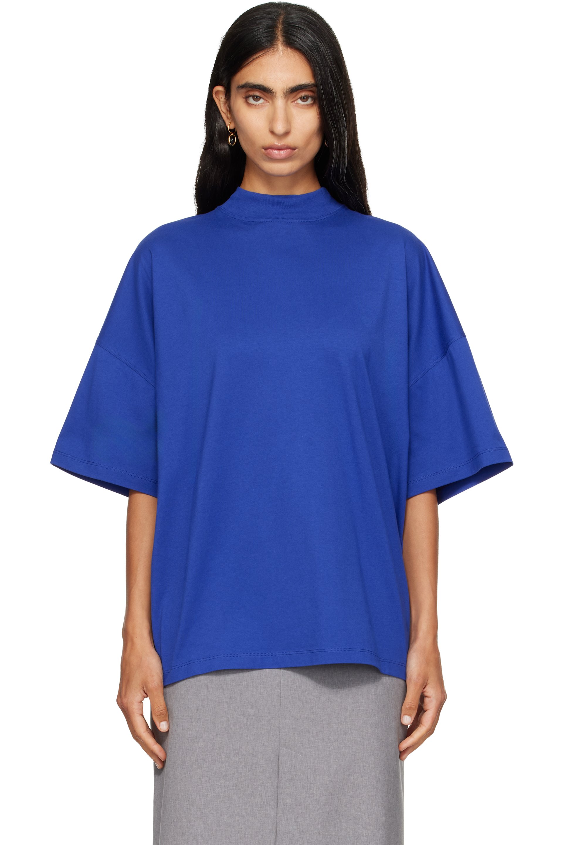 Jil Sander - Blue Cotton Mock-Neck T-shirt