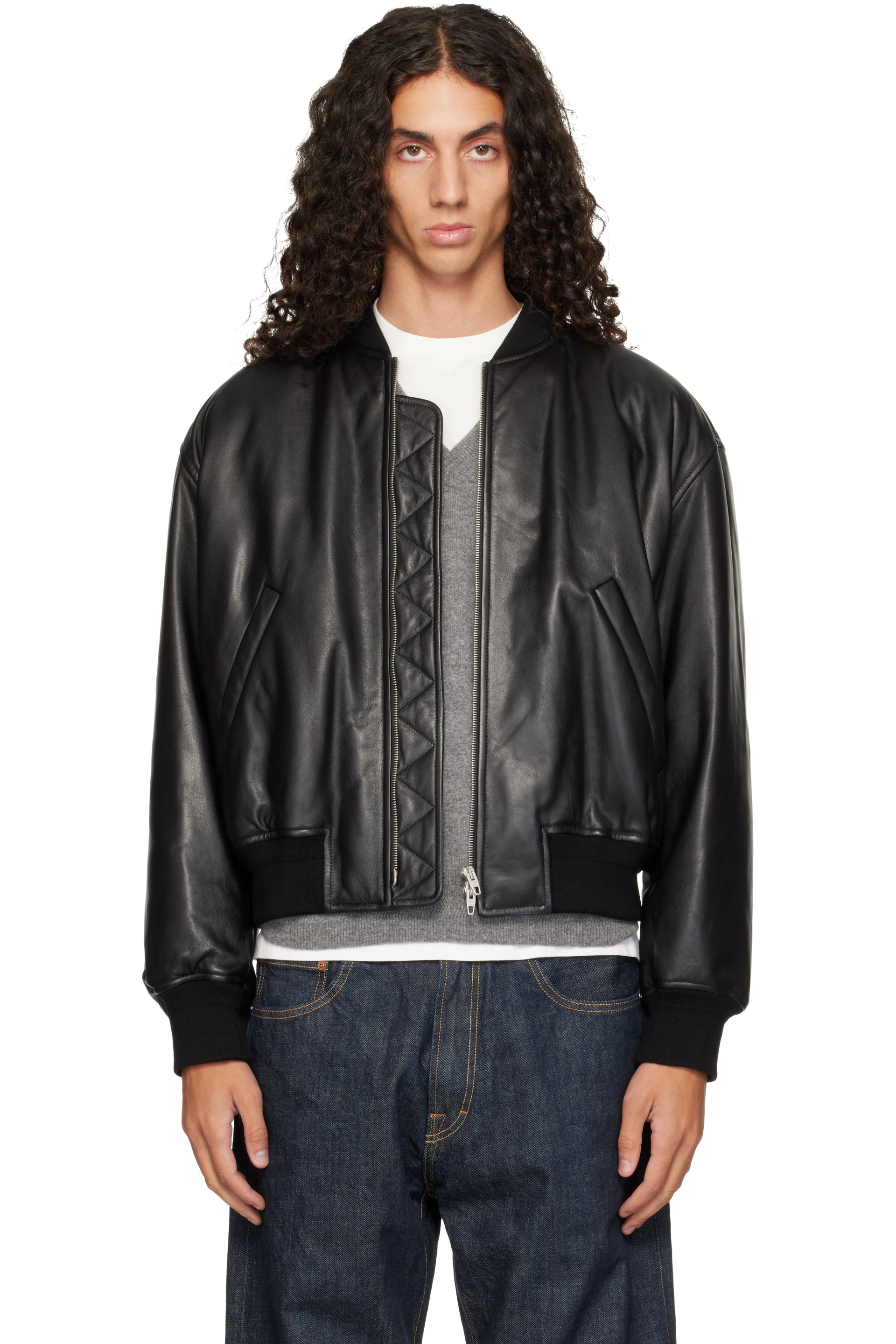 Jil Sander - Blouson aviateur noir en cuir d'agneau