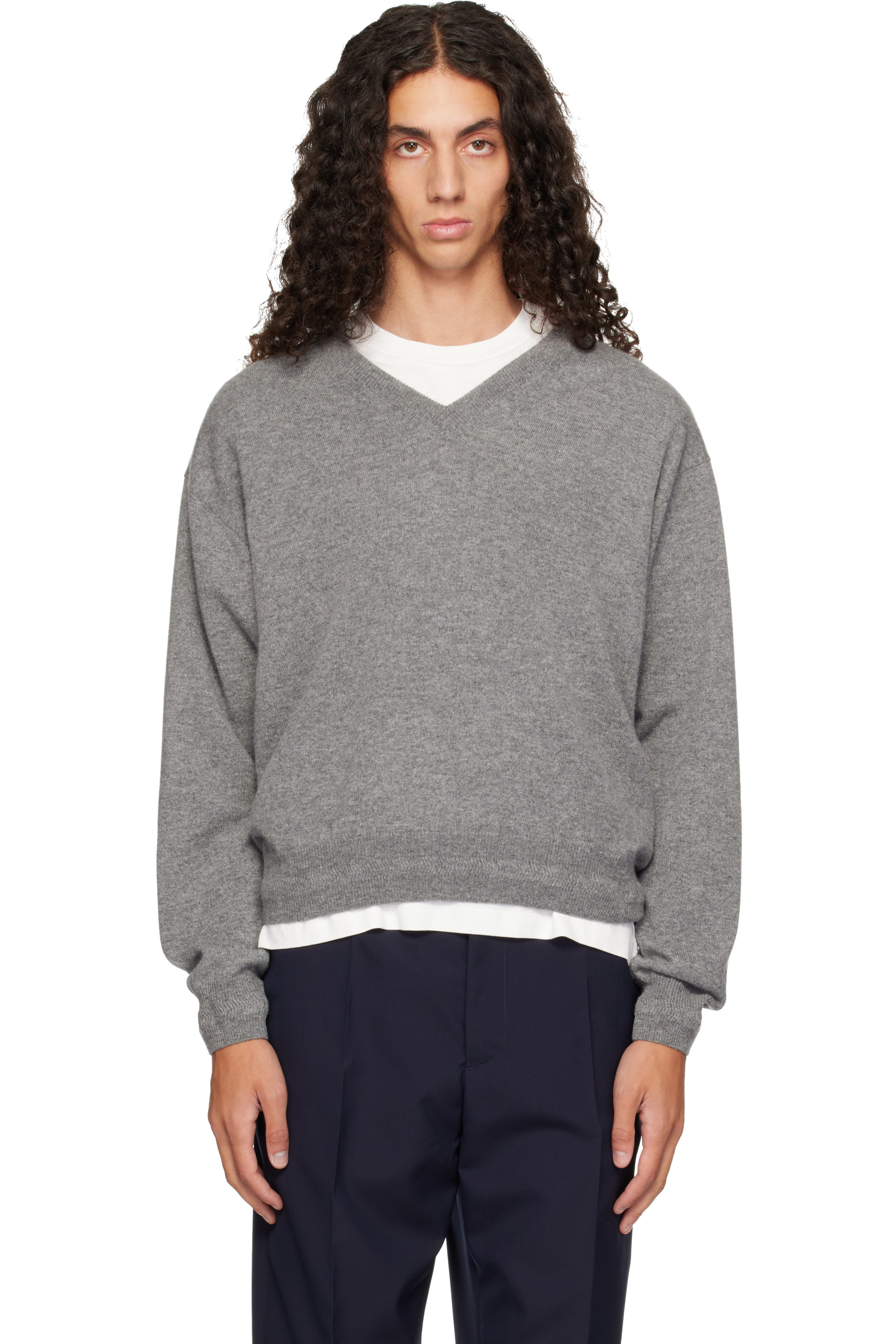 Jil Sander - Pull à manches longues gris à col en V