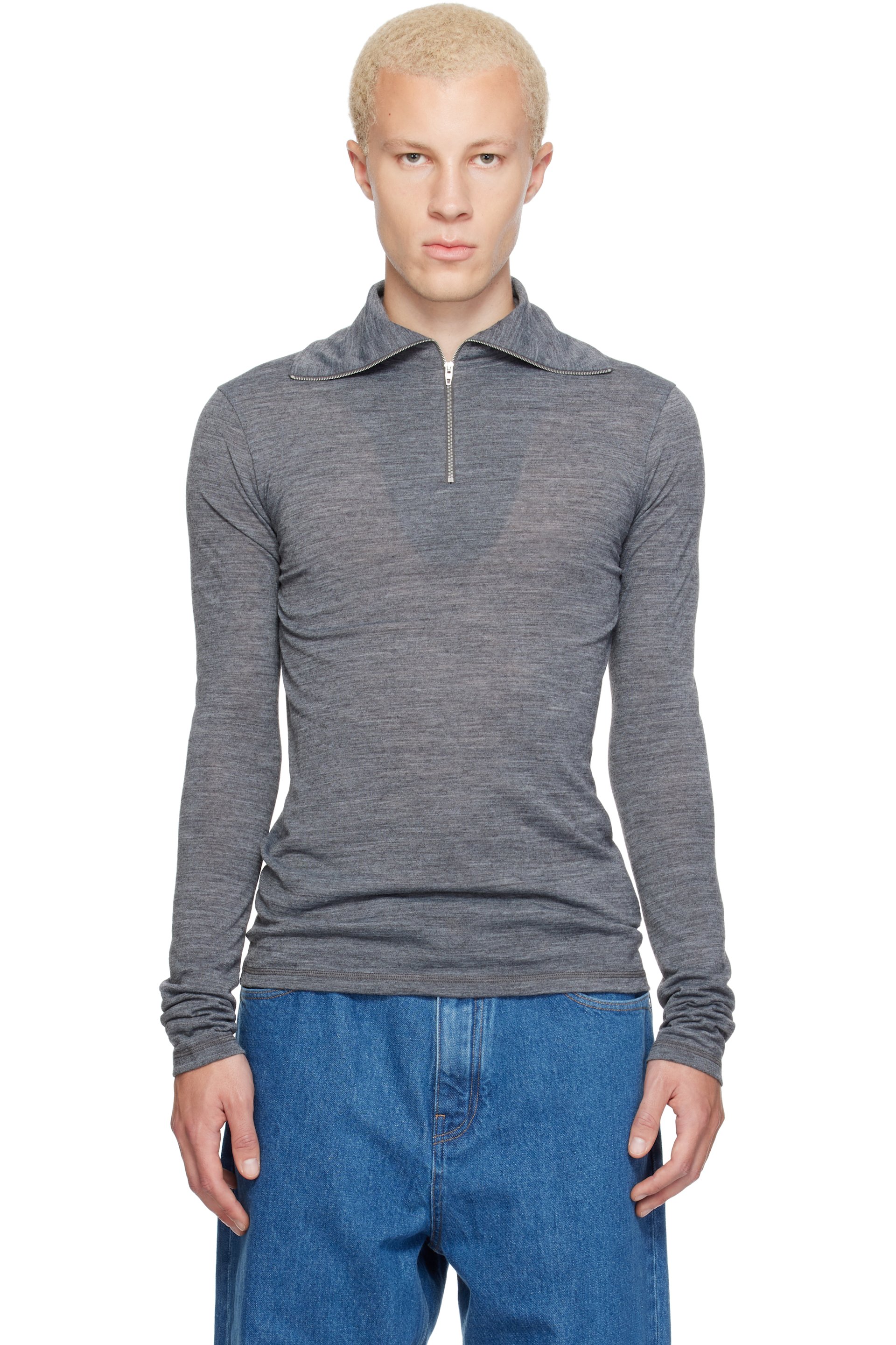 Jil Sander - Gray LS Zip Polo