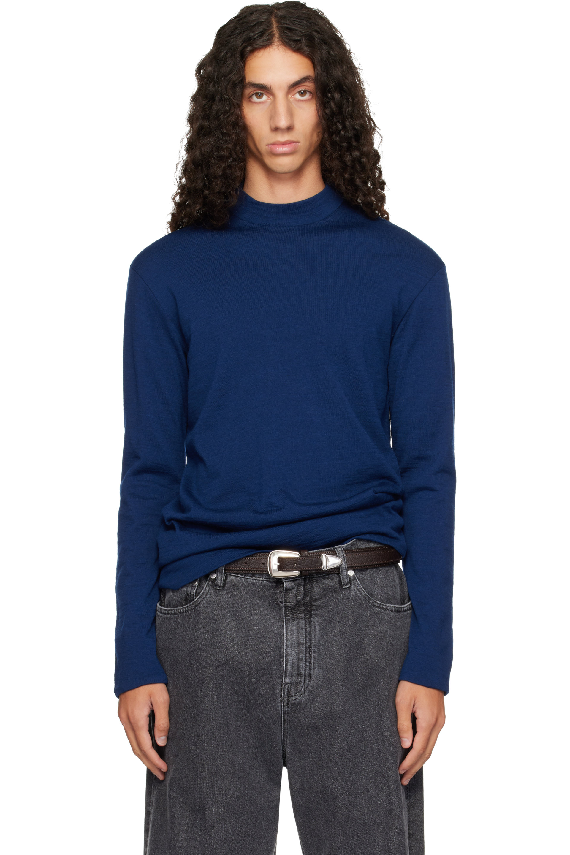 Jil Sander - T-shirt à manches longues bleu à col cheminée