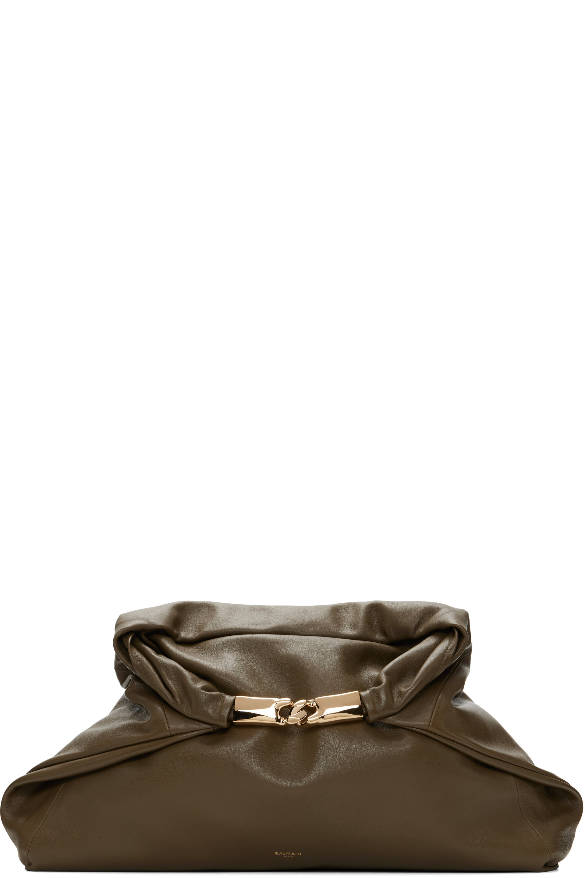 BALMAIN - Khaki 'Dinner At 8' Medium Smooth Leather Clutch