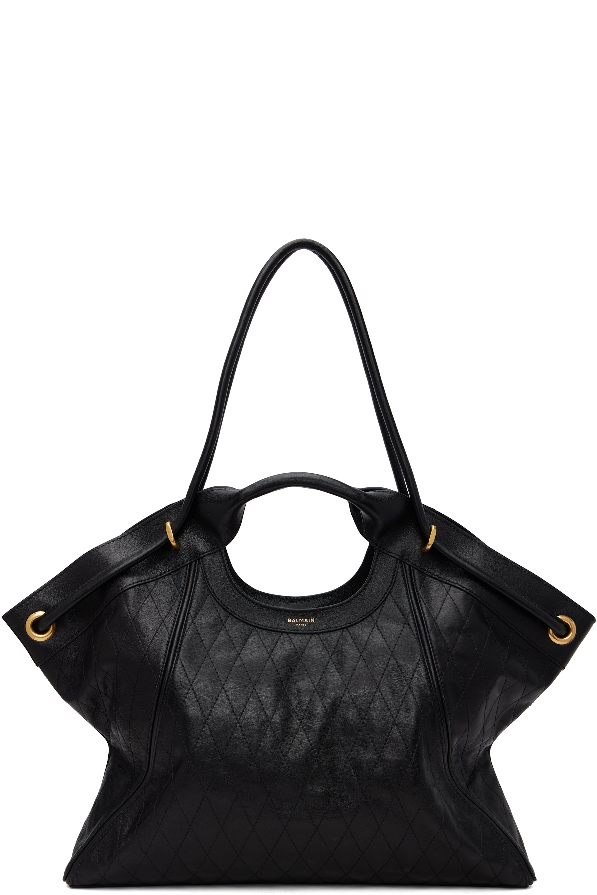 BALMAIN - Black Topstitched Leather Large Tote