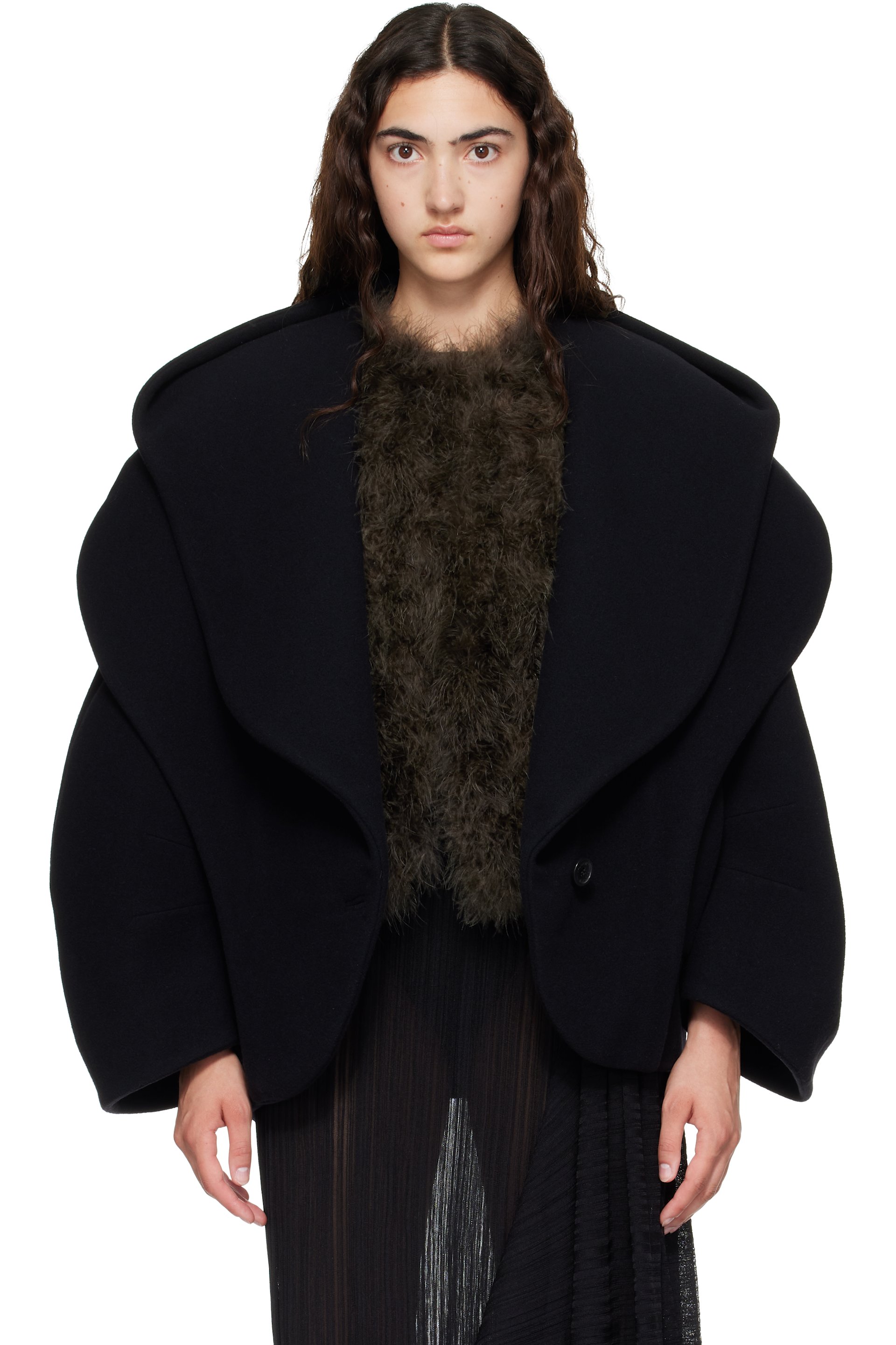 BALMAIN - Black Oversized Wool Hood Pea Coat