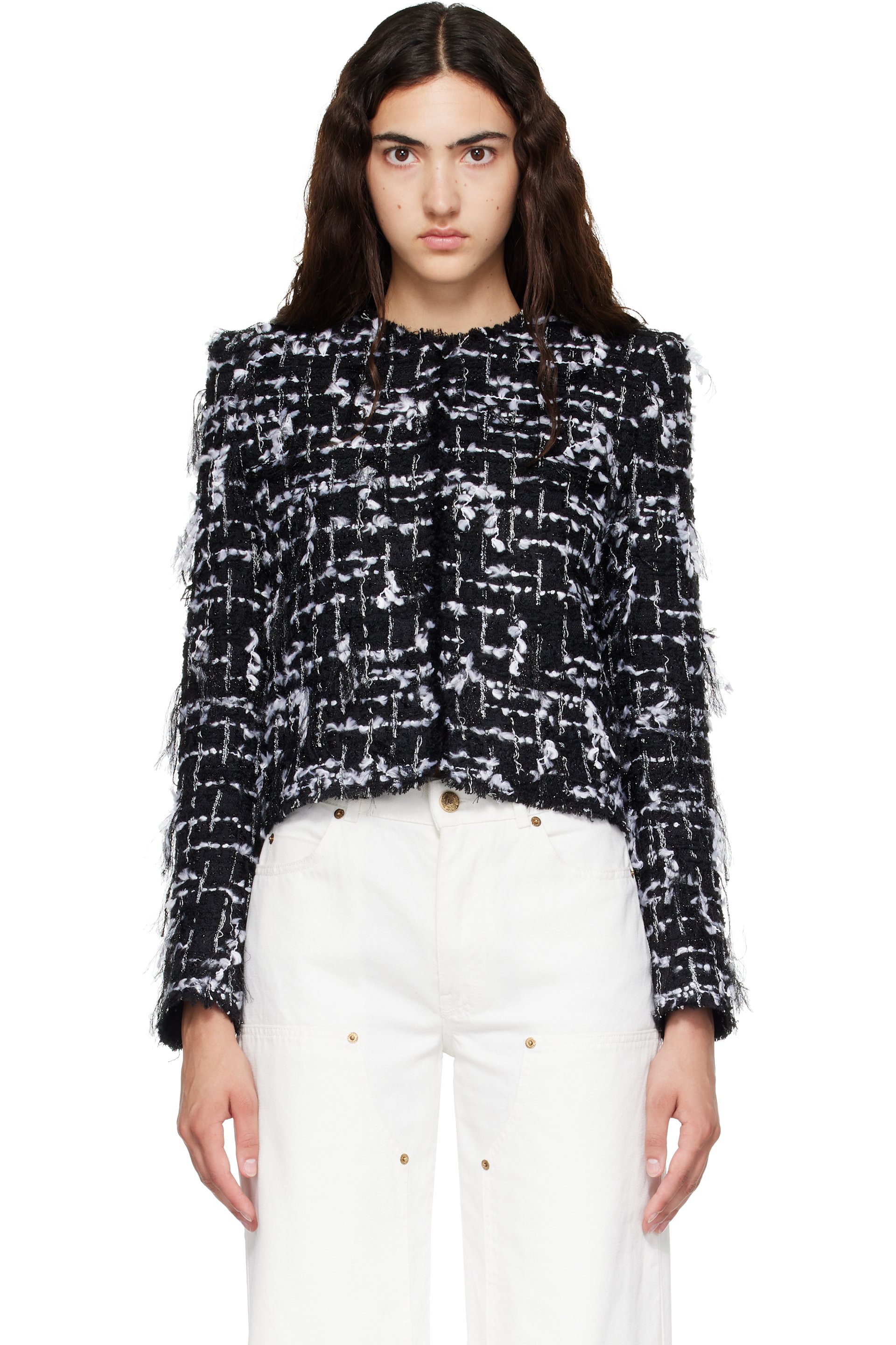 BALMAIN - Black & White Cropped Fringed Tweed Jacket