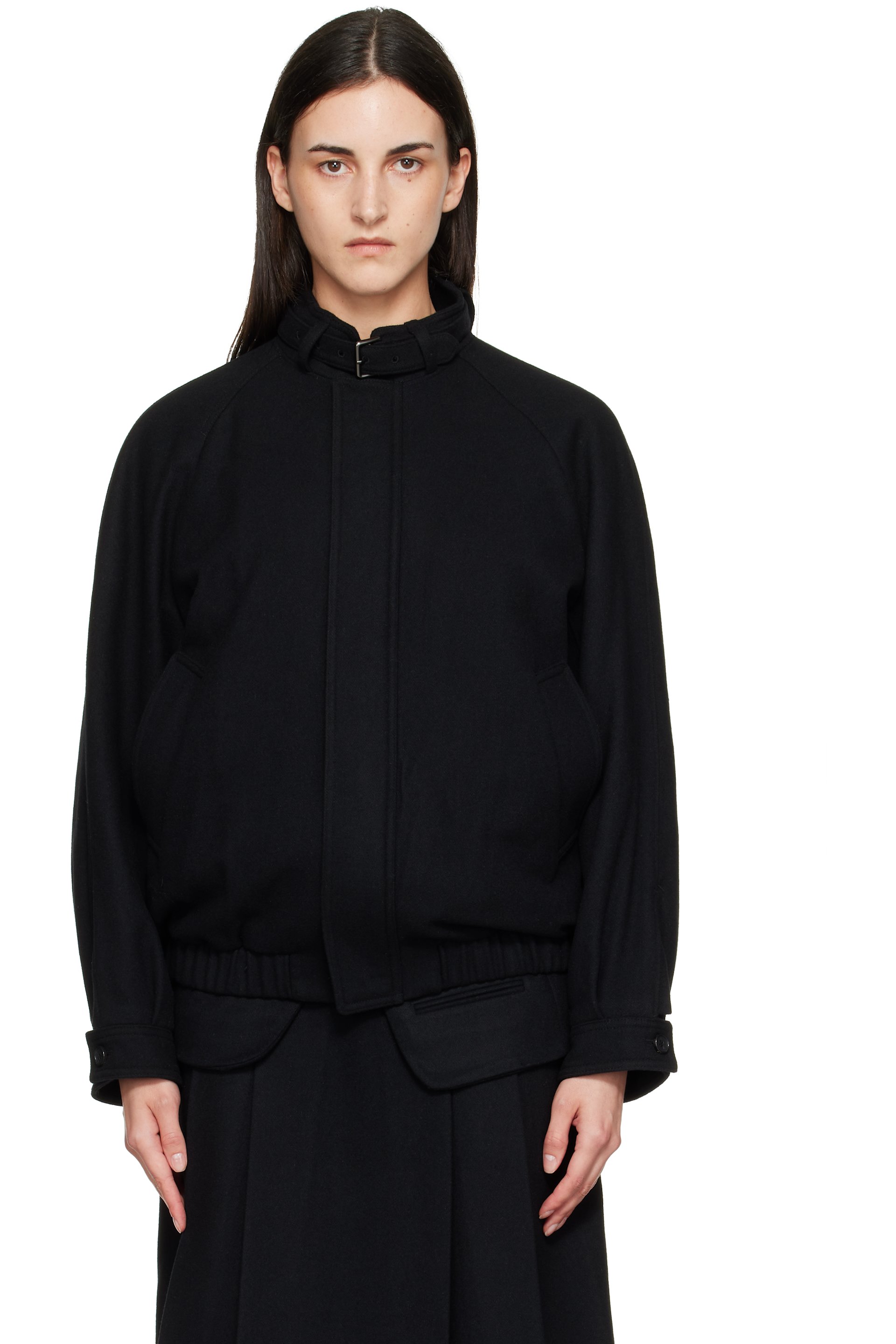 TONYWACK - Black Wool Flannel Belted Stand Collar Bomber jacket