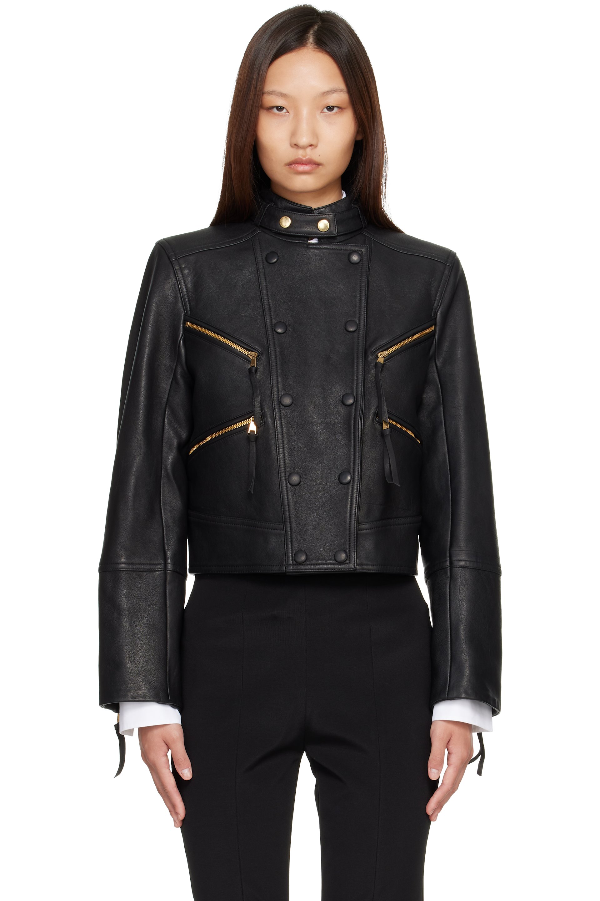 BALMAIN - Black Buttoned Lambskin Biker Jacket