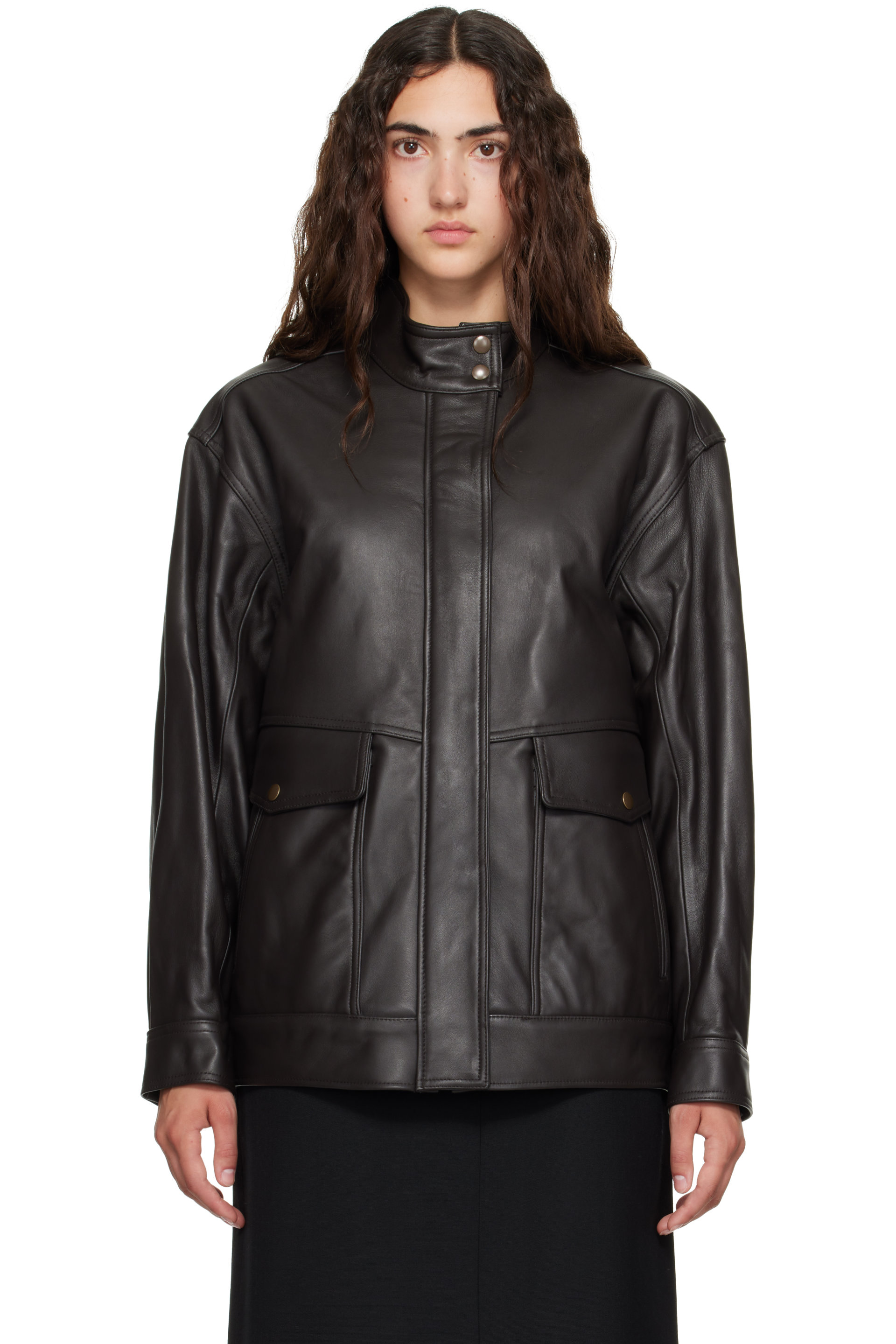 TONYWACK - Brown High-Neck Leather Zip Jacket
