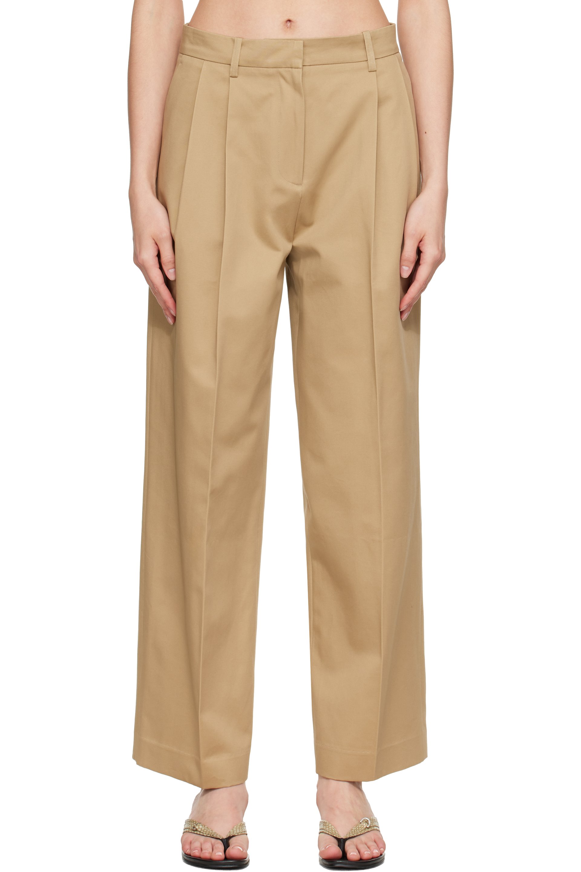 TONYWACK - Beige Cotton Wide Leg Pleated Trousers