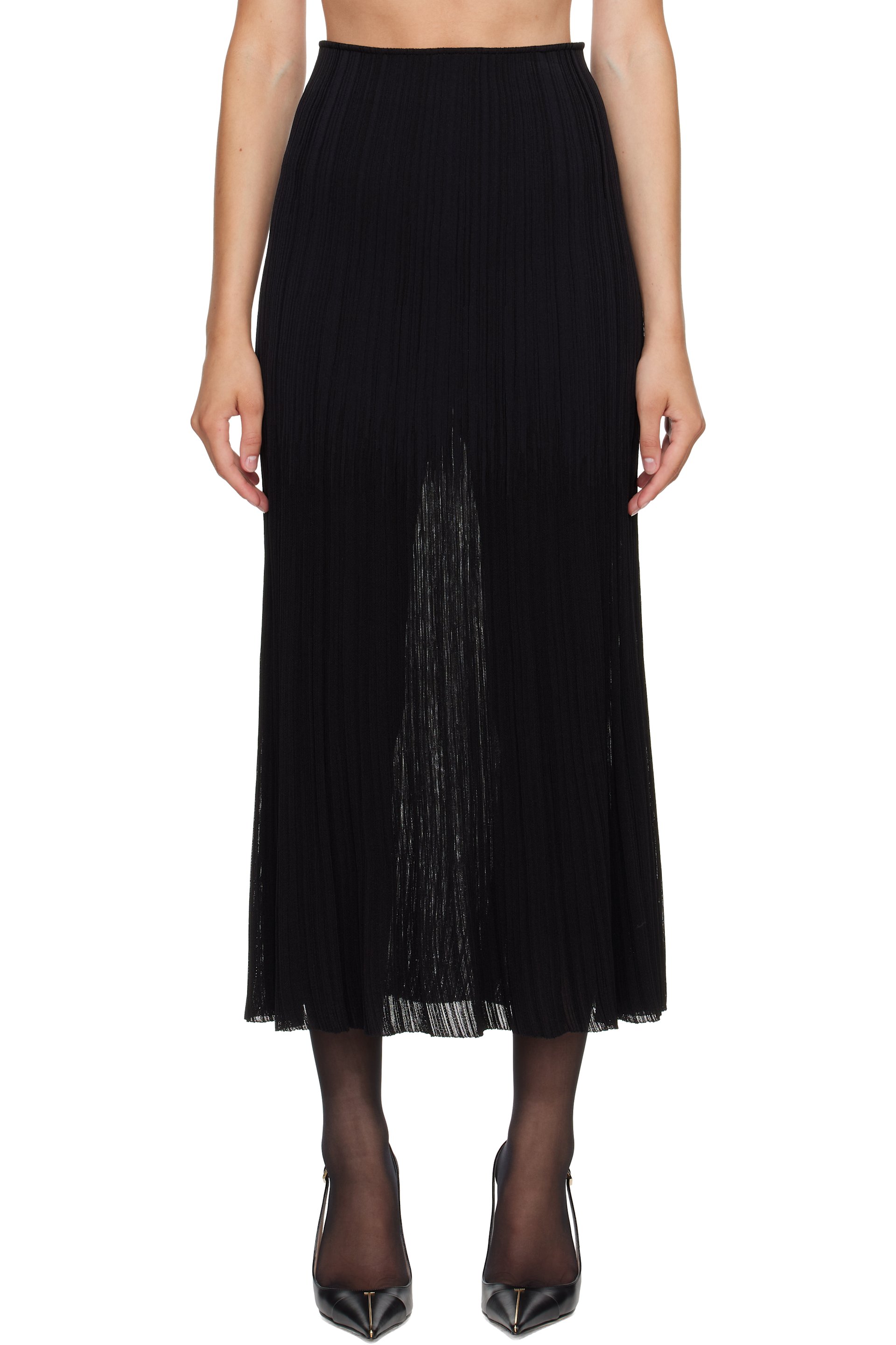 BALMAIN - Black Flechage Midi Skirt