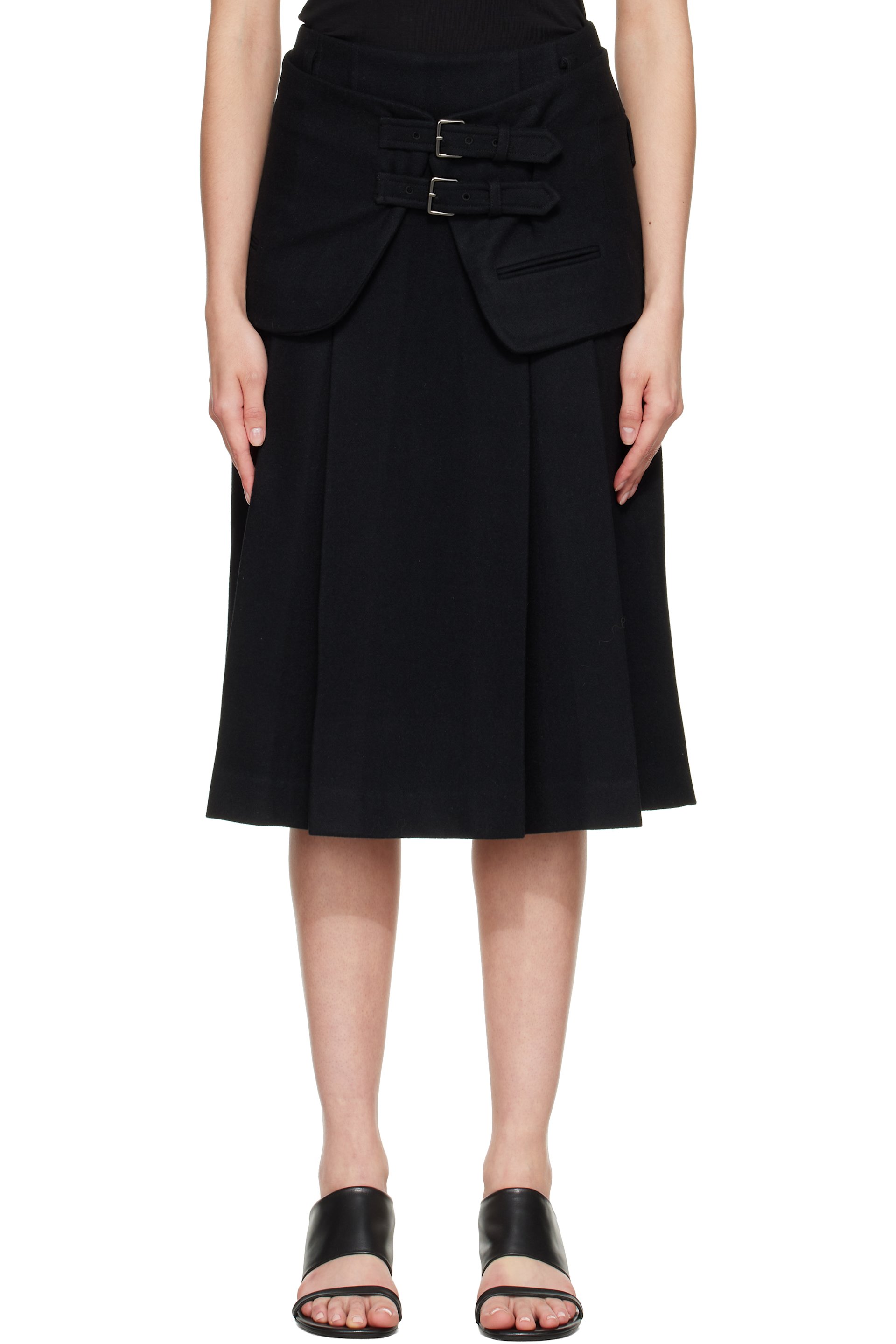 TONYWACK - Black Wool Double-Layered Midi Skirt