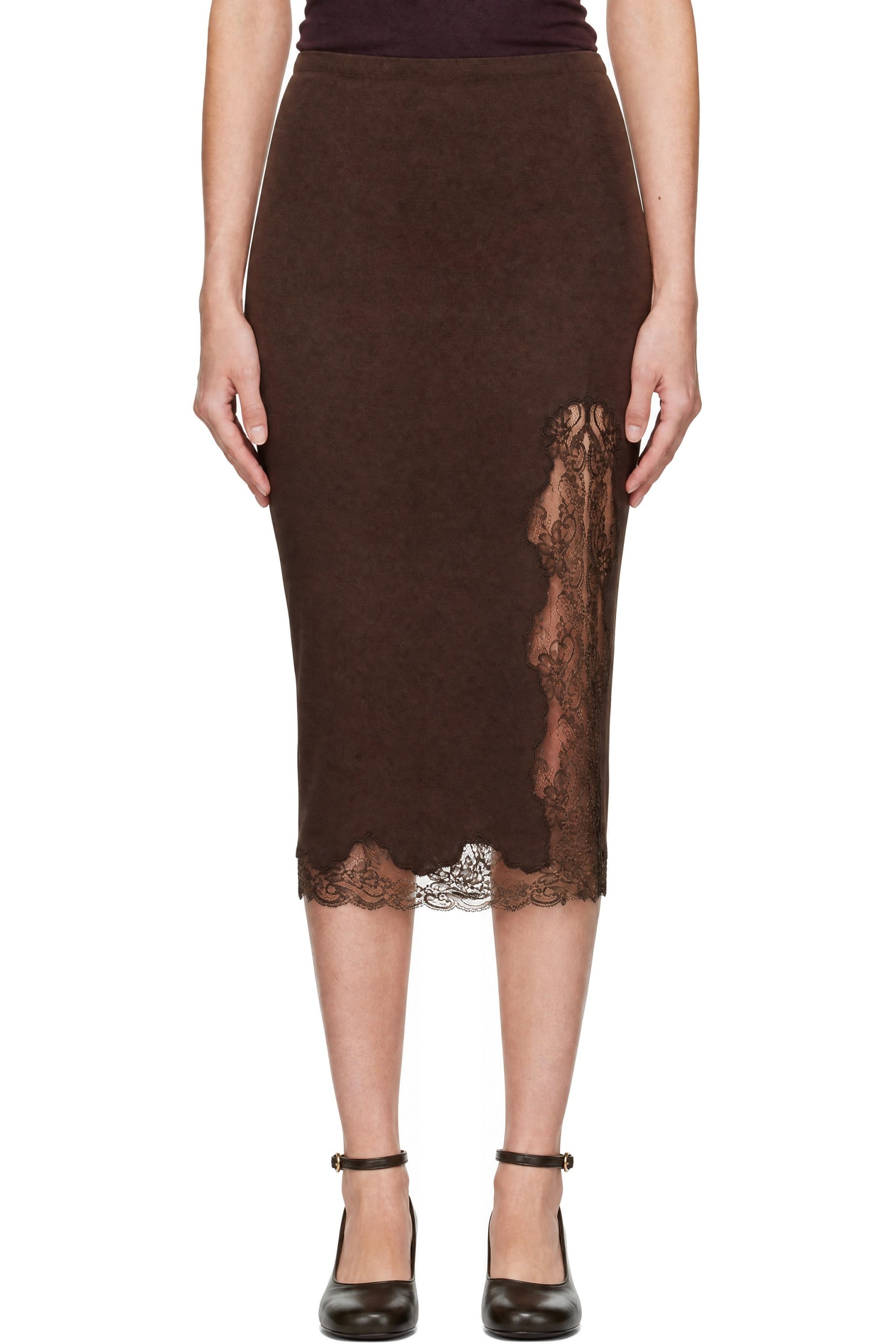 BALMAIN - Brown Knit Slit Midi Skirt