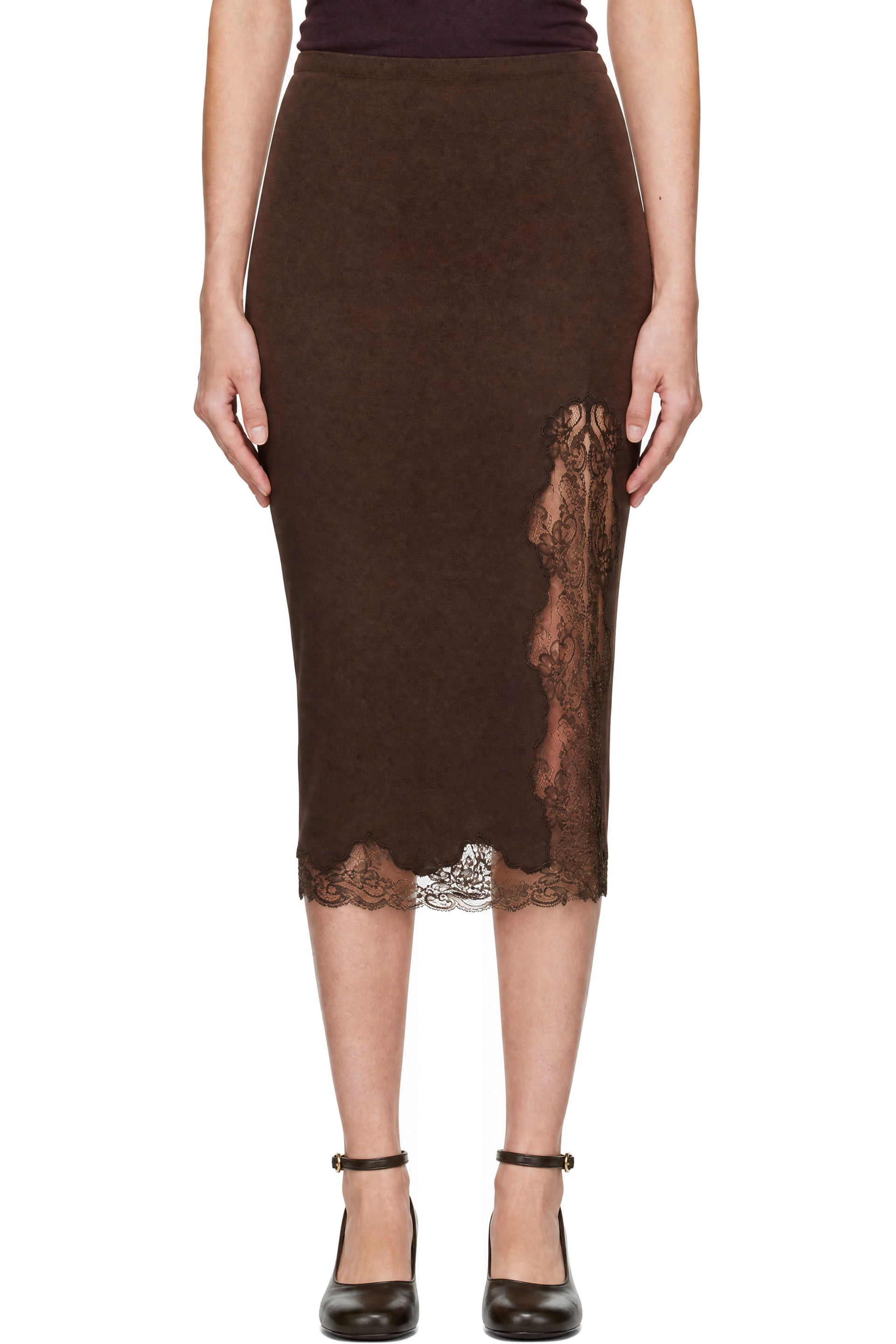 BALMAIN - Brown Knit Slit Midi Skirt