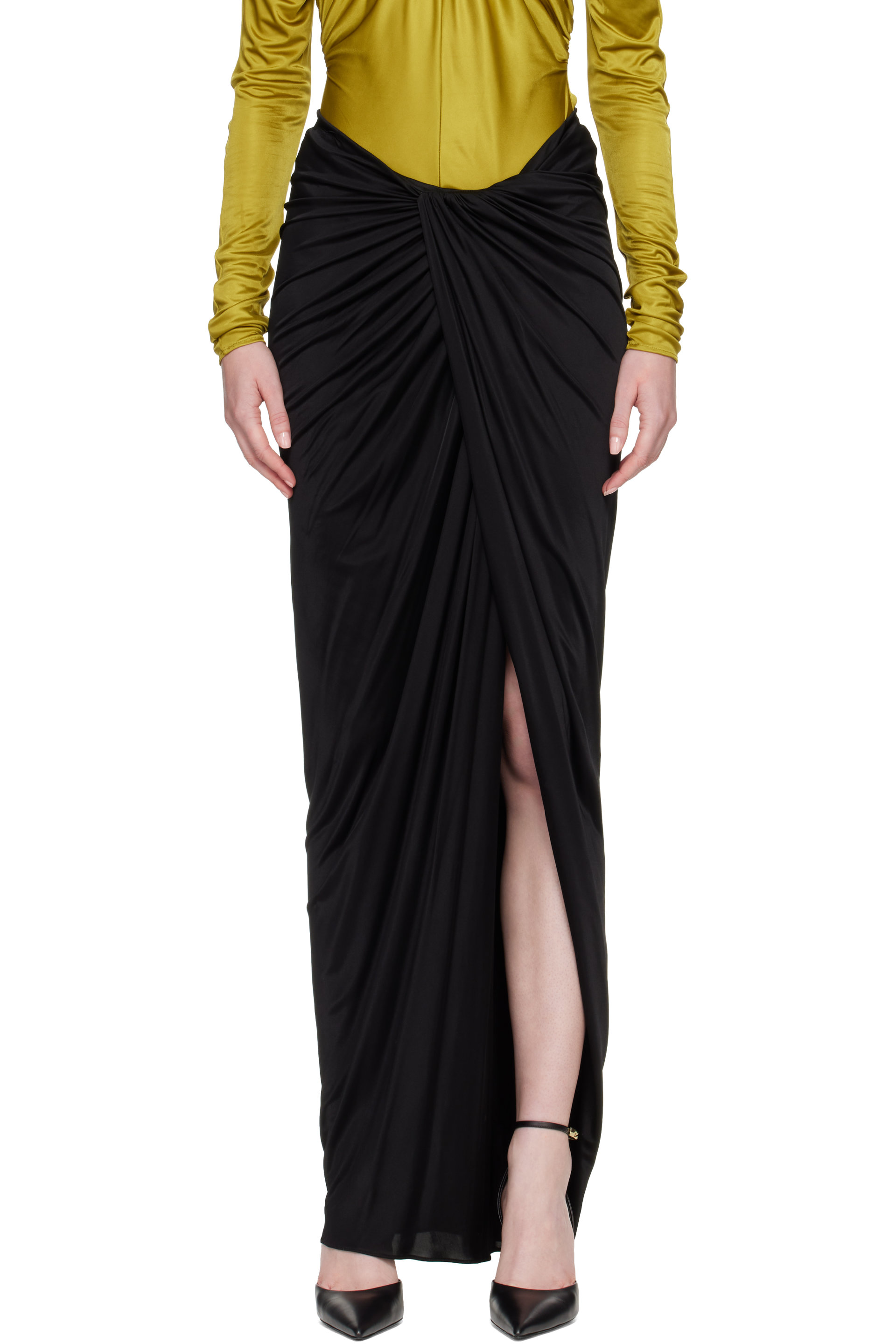 BALMAIN - Black Draped Slit Maxi Skirt