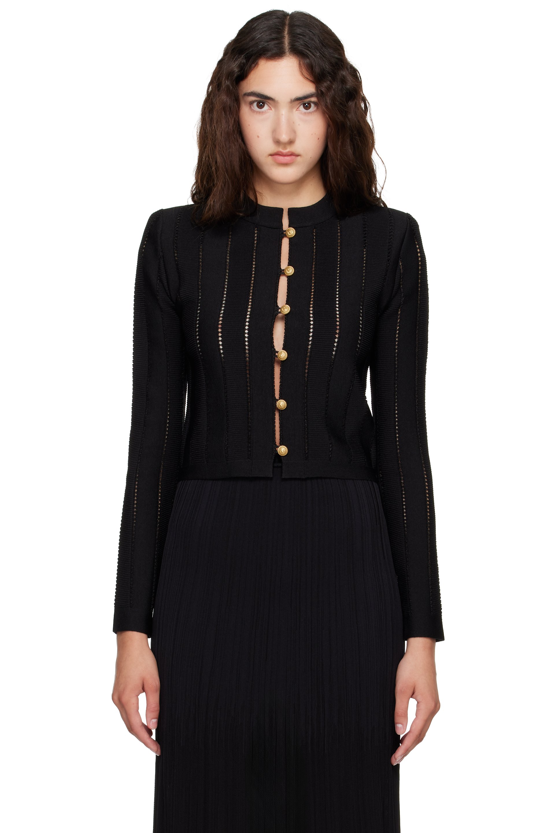BALMAIN - Black Cropped Fléchage Knit Cardigan