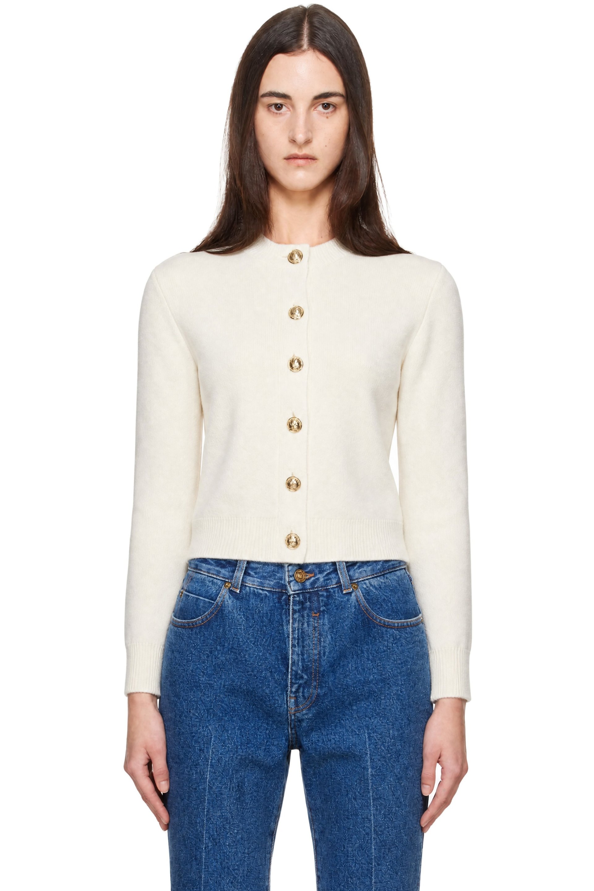 BALMAIN - Off-White Buttoned Round Collar Cashmere Cardigan