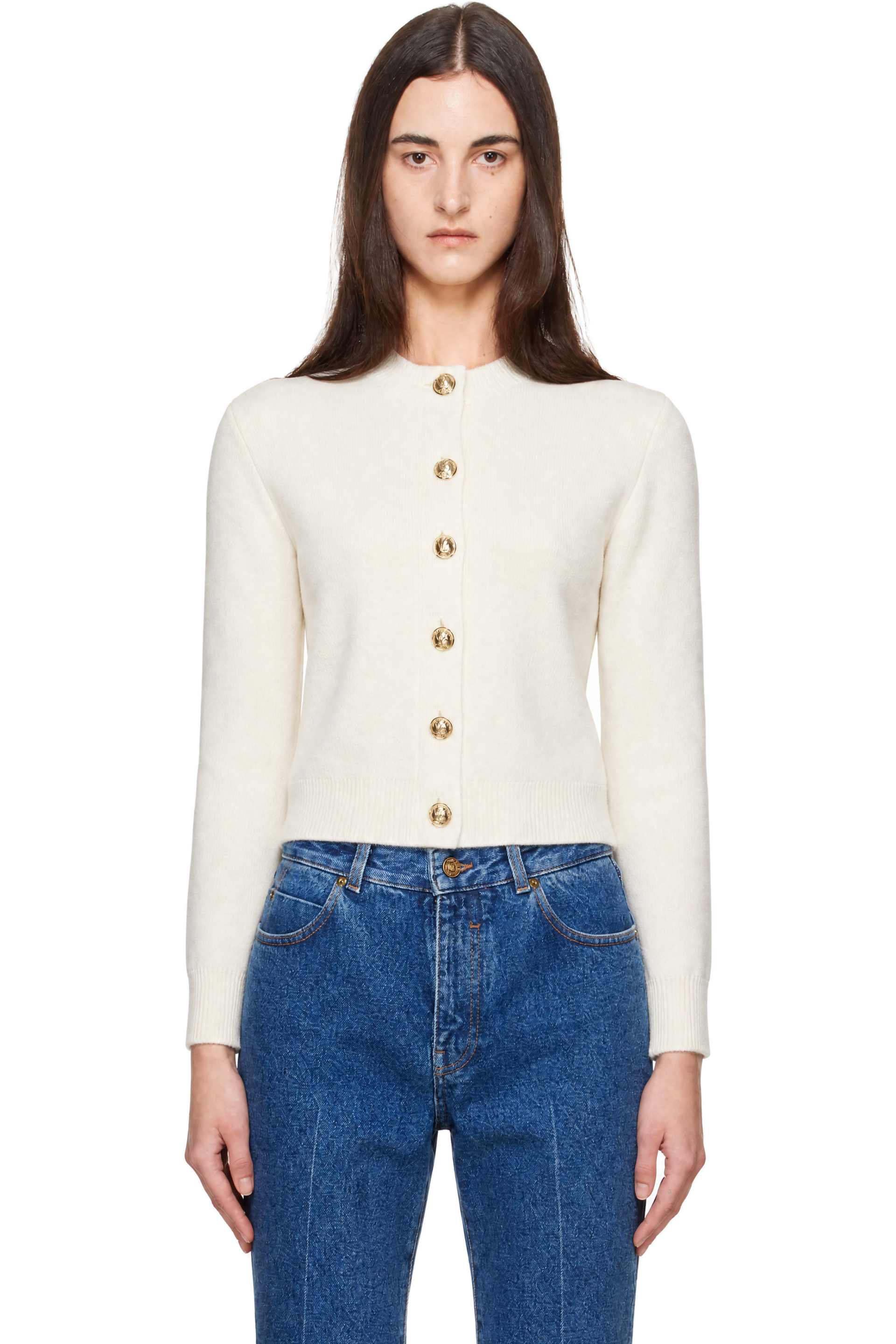 BALMAIN - Off-White Buttoned Round Collar Cashmere Cardigan