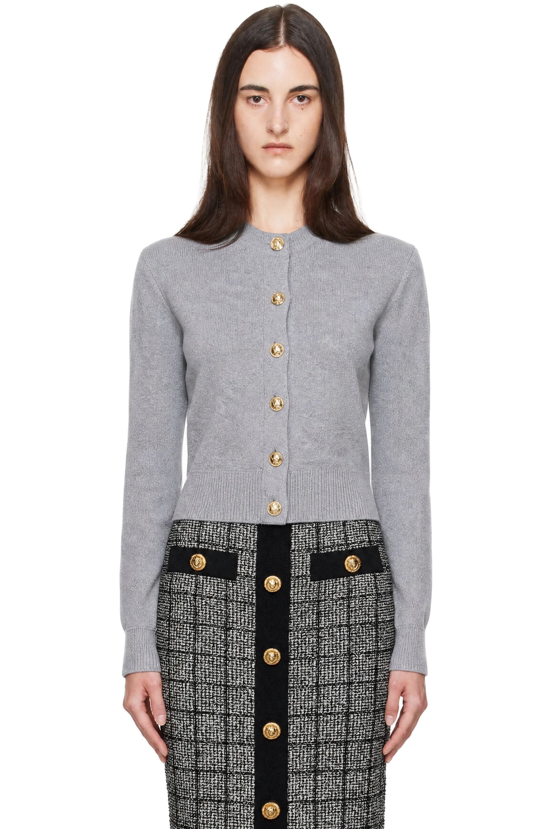 BALMAIN - Gray Buttoned Round Collar Cashmere Cardigan