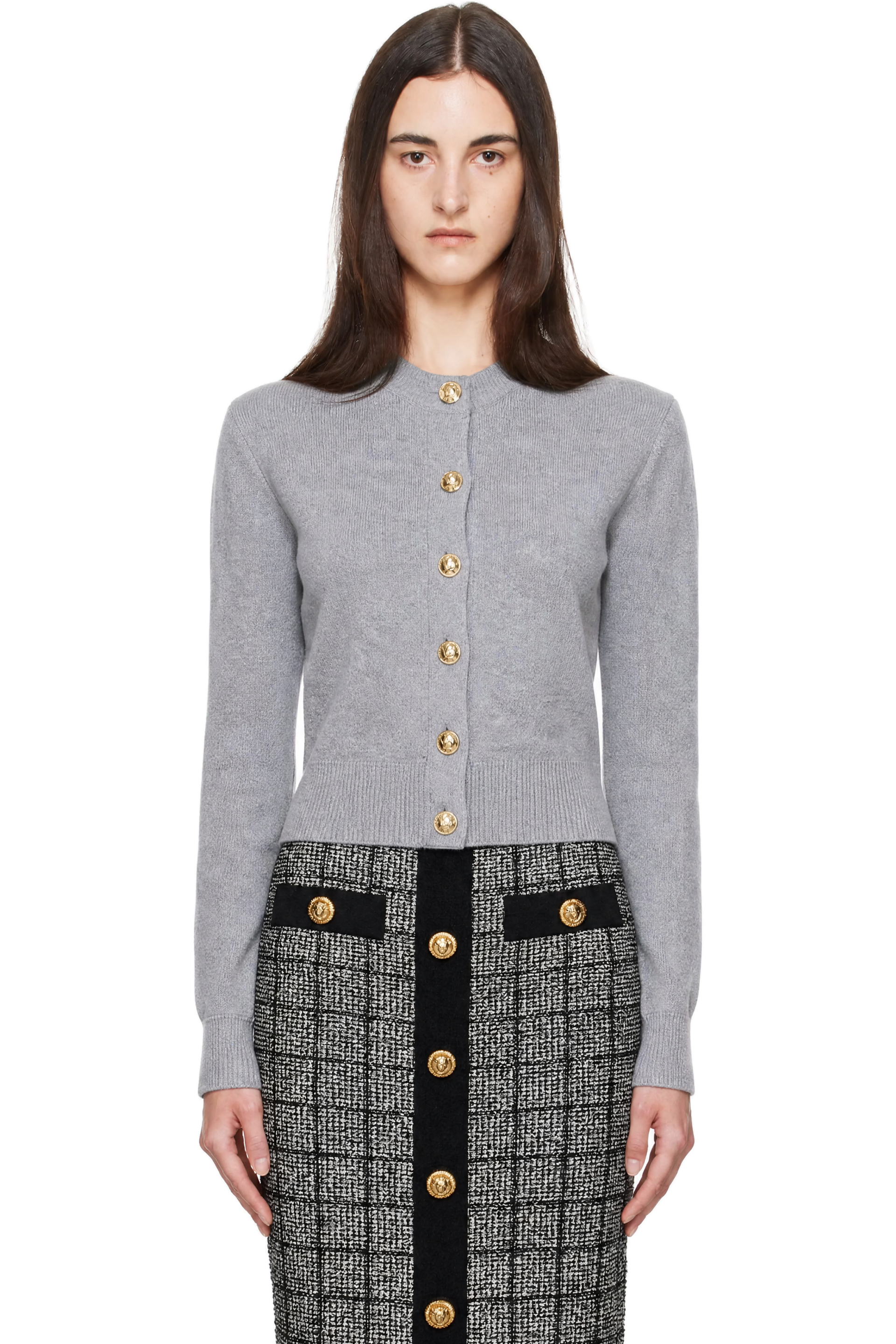 BALMAIN - Gray Buttoned Round Collar Cashmere Cardigan