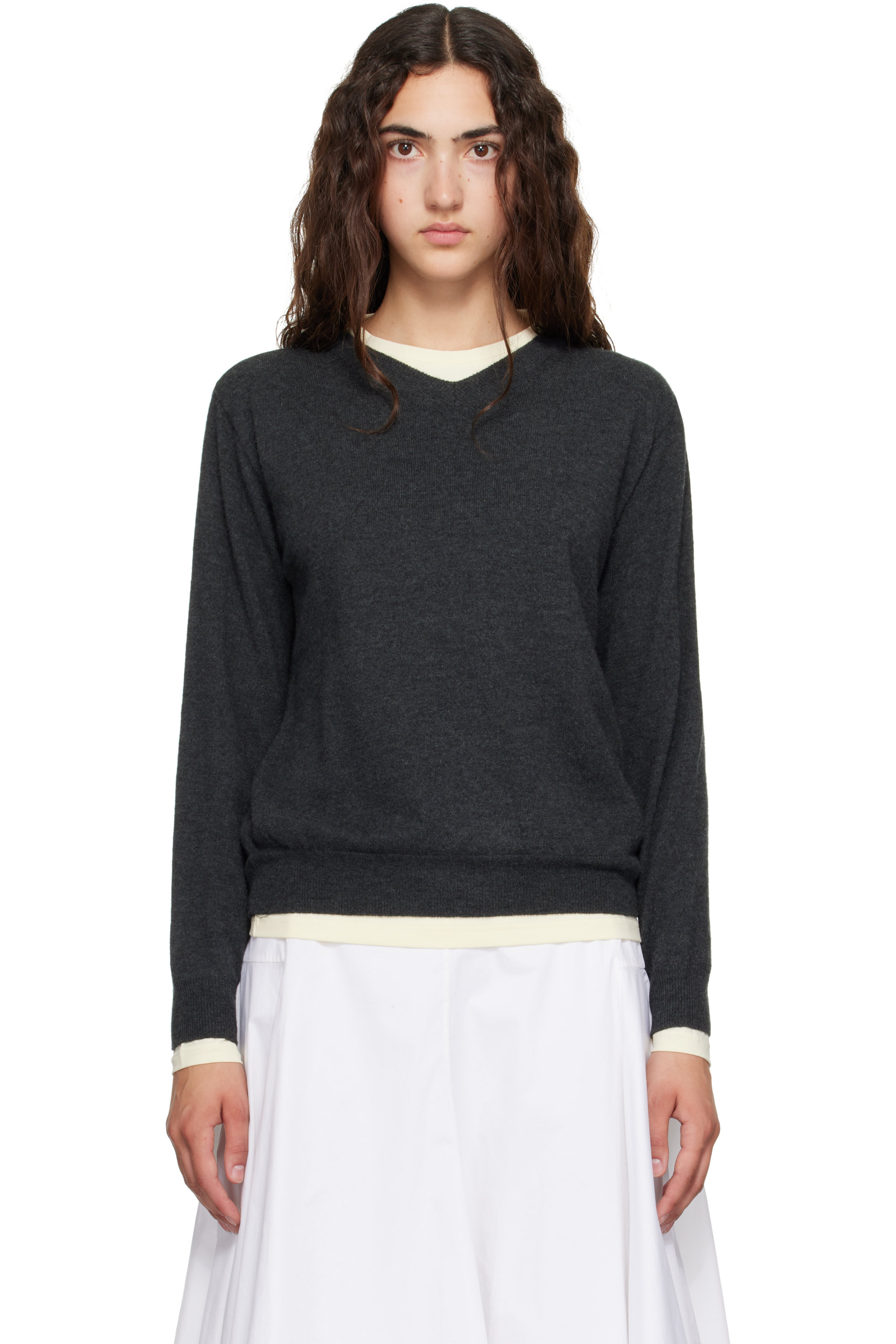 TONYWACK - Gray Superfine Wool Layered V-Neck Sweater