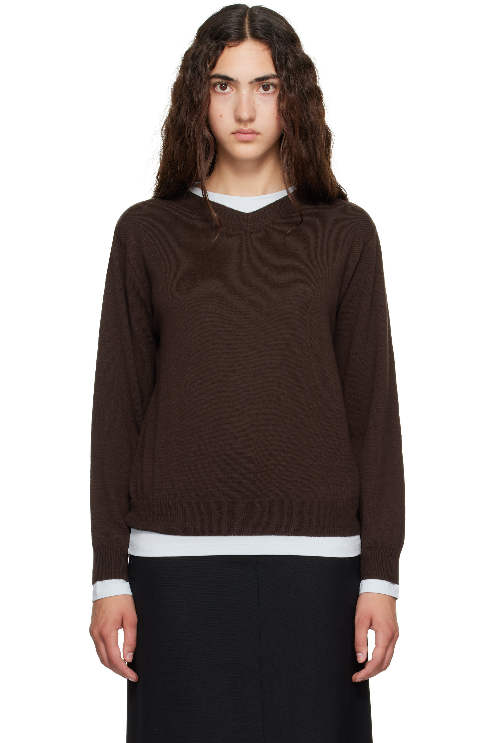 TONYWACK - Brown Superfine Wool Layered V-Neck Sweater