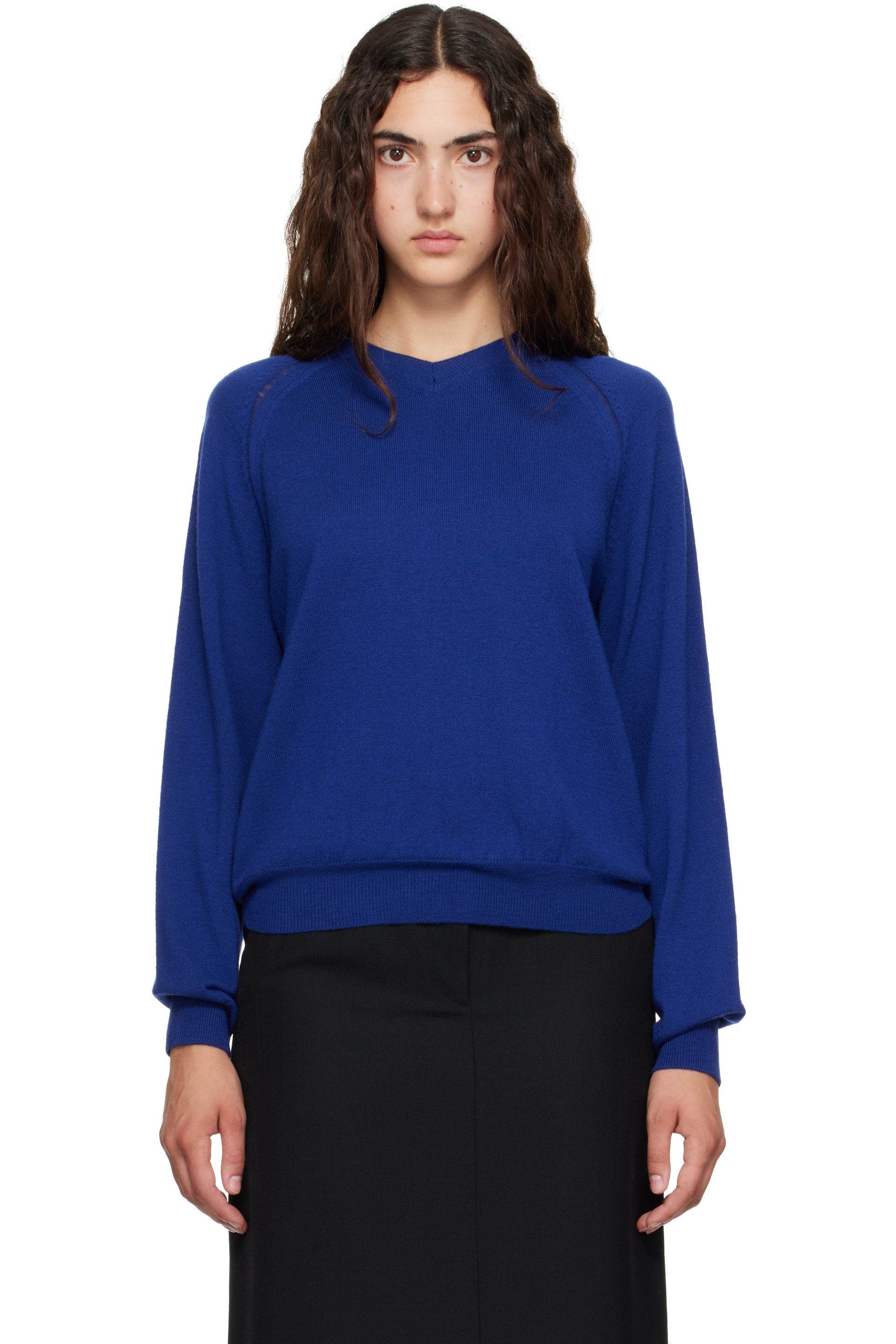 TONYWACK - Blue Super Fine Merino Wool Distressed V-Neck Sweater