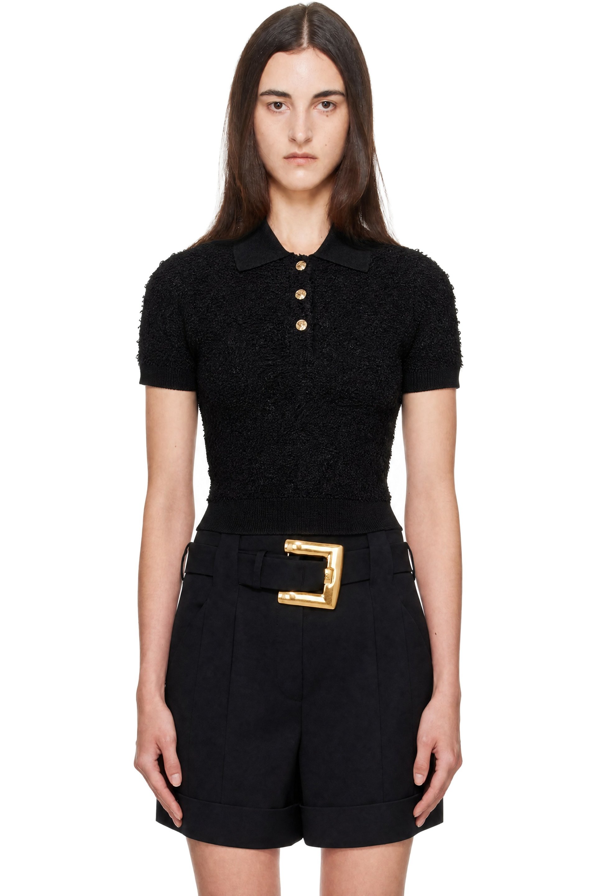 BALMAIN - Black Short Sleeves Buttoned Tweed Knit Polo