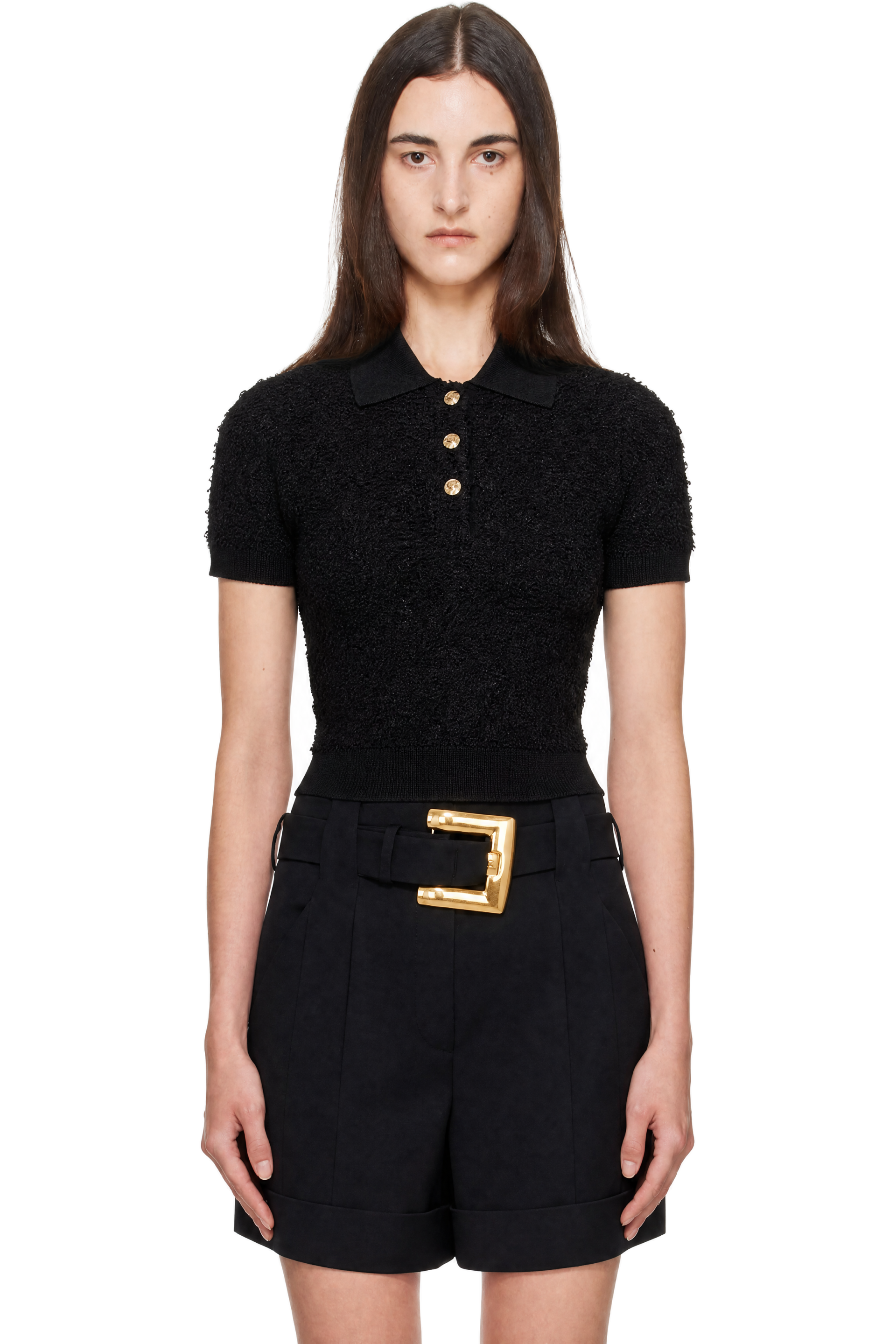 BALMAIN - Black Short Sleeves Buttoned Tweed Knit Polo